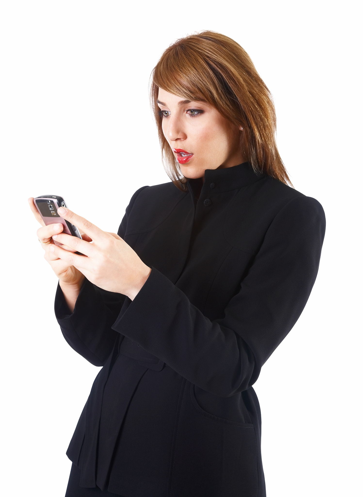 young surprised businesswoman texting