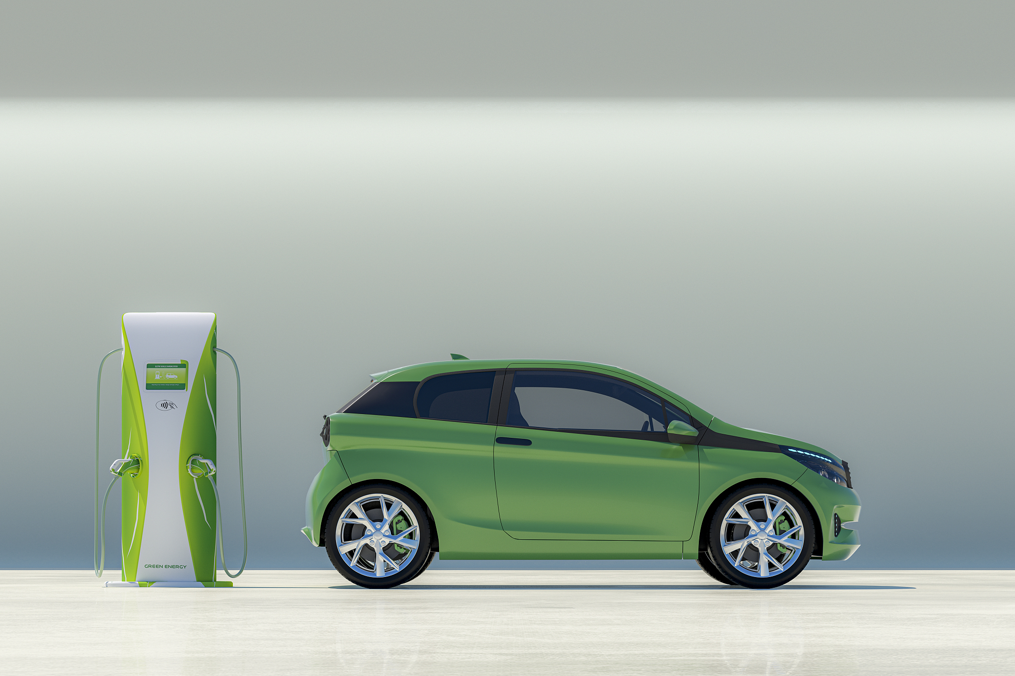 modern electric car with electric charging station