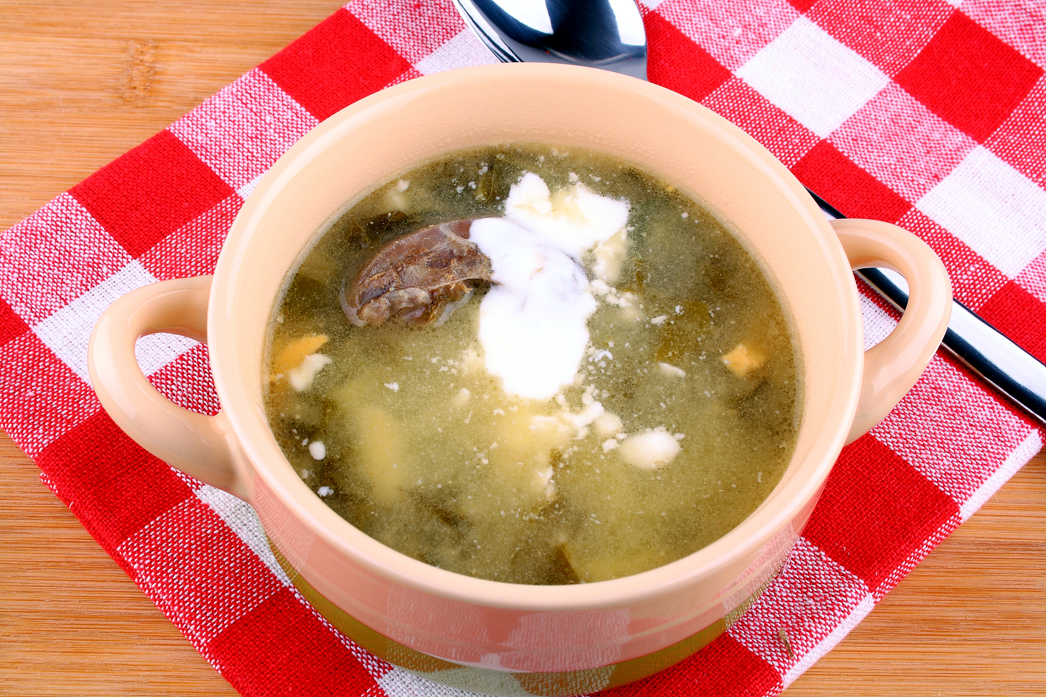 green soup with egg, meat and cream, close up
