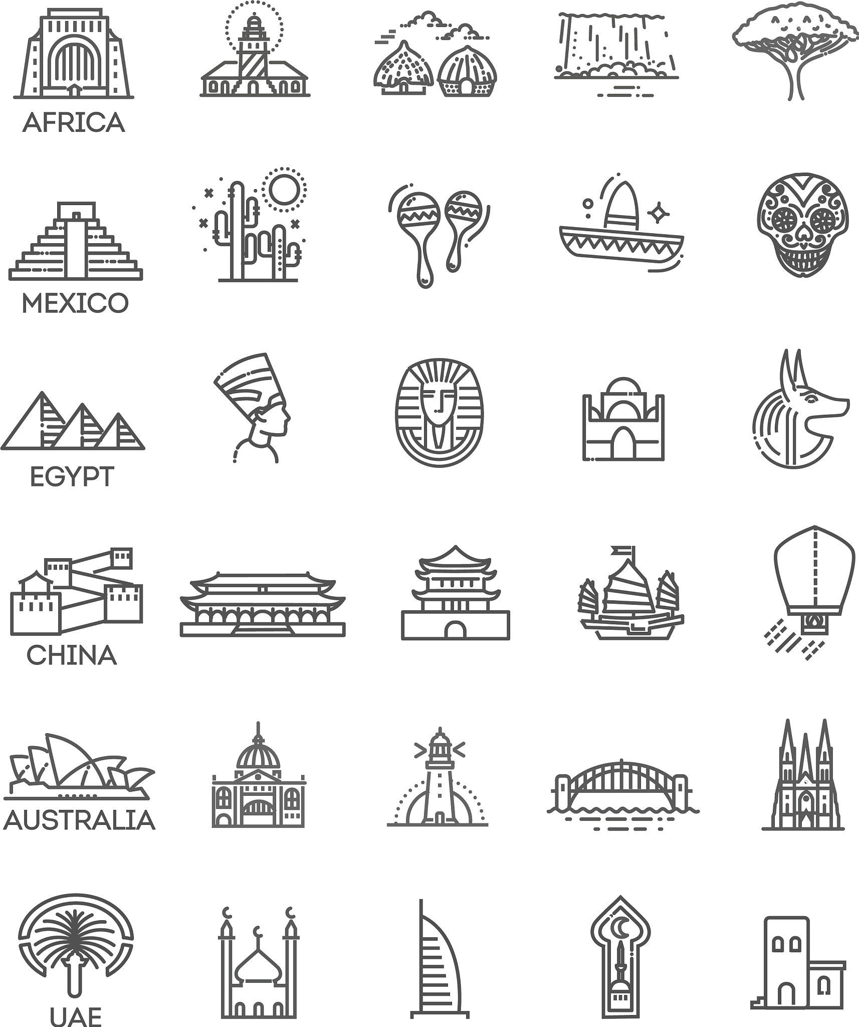 simple linear icon set representing global