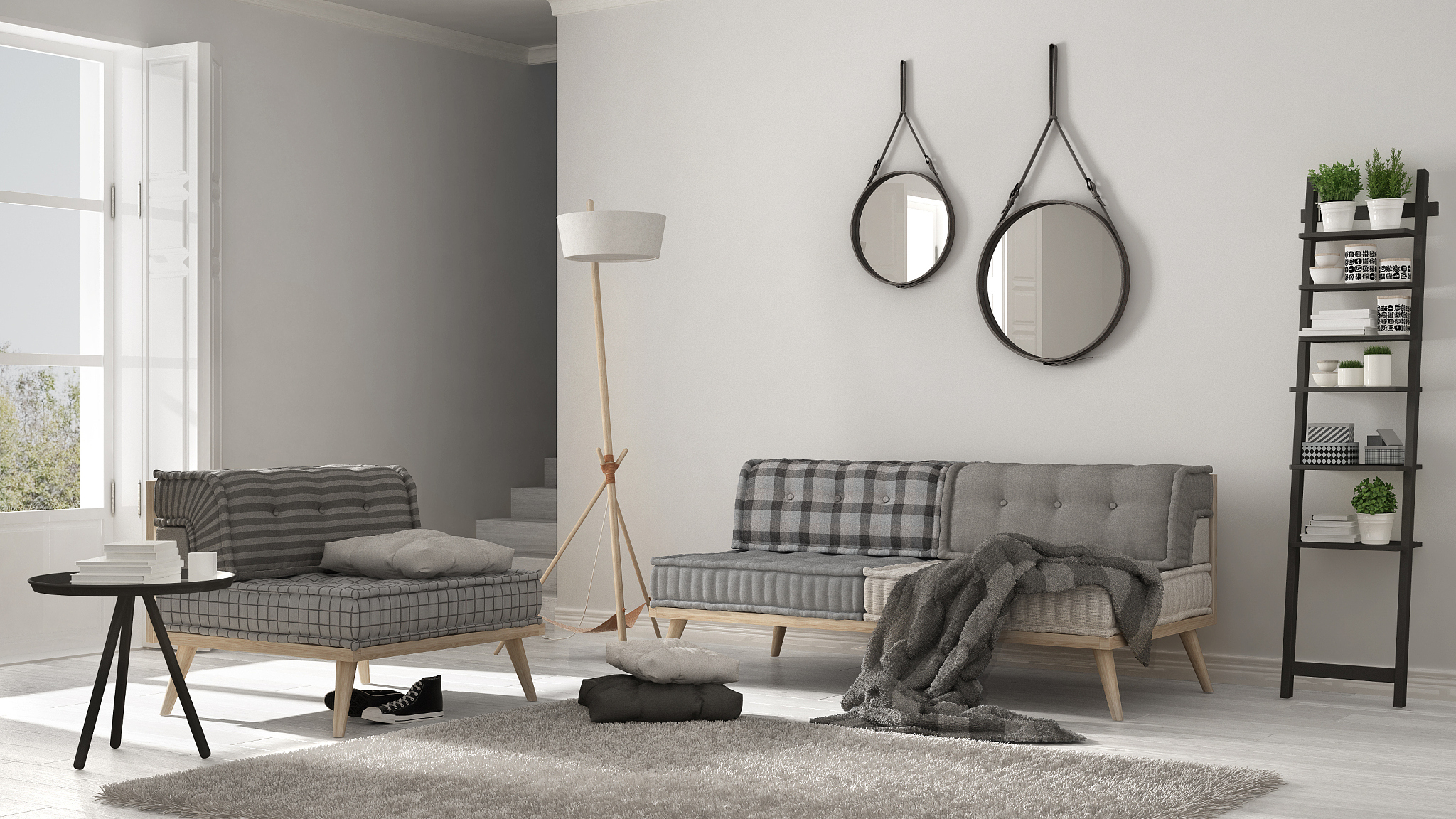scandinavian living room with couch, armchair and soft fur rug, 