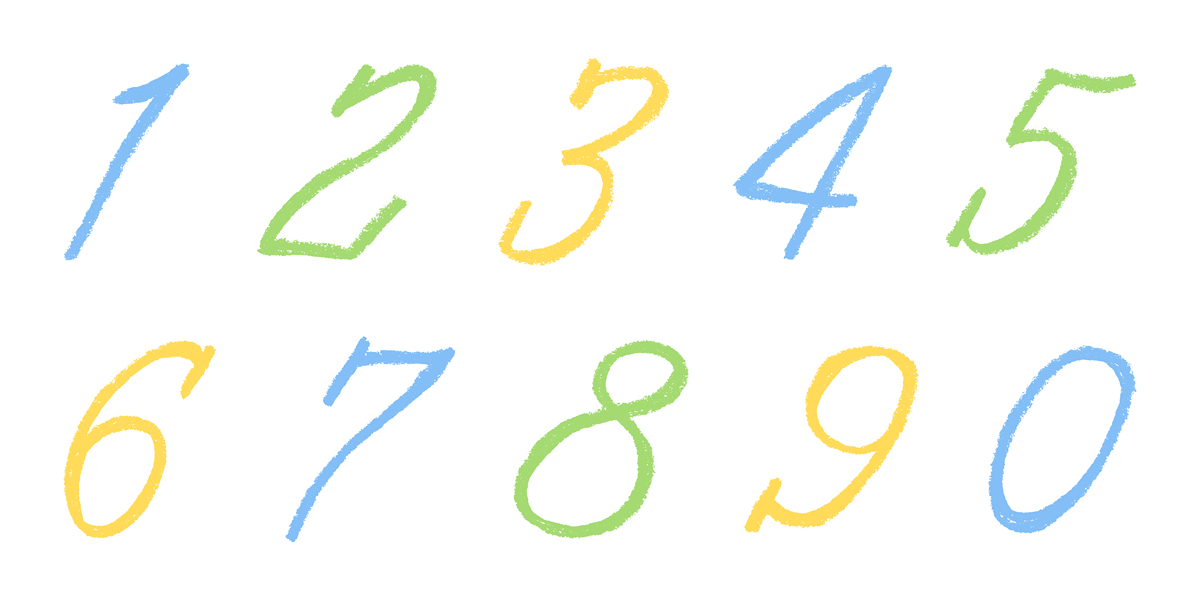 手绘彩色数字 1 2 3 4 5 6 7 8 9 0 风格化的笔刷绘制