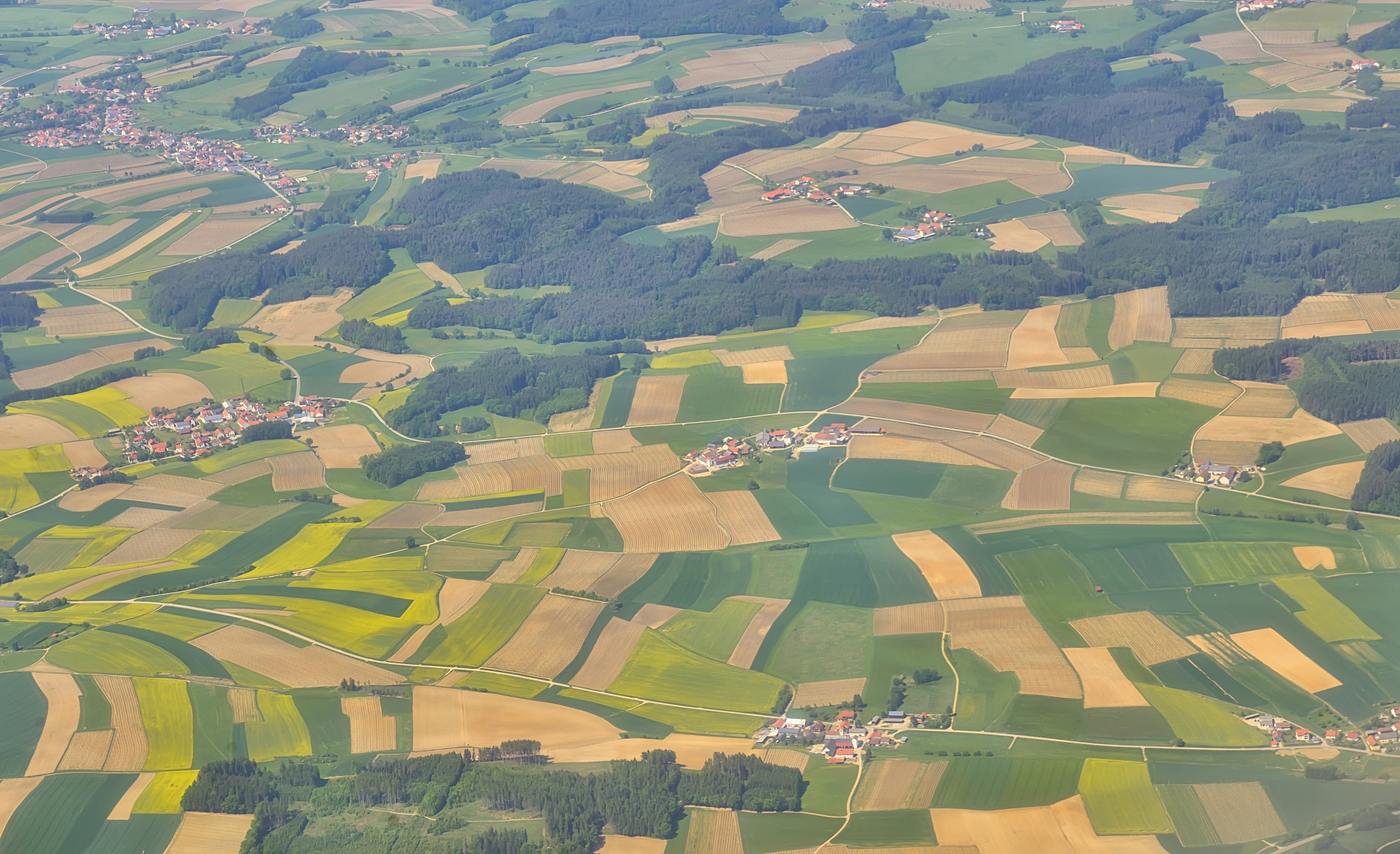 aerial view over villages in spring time
