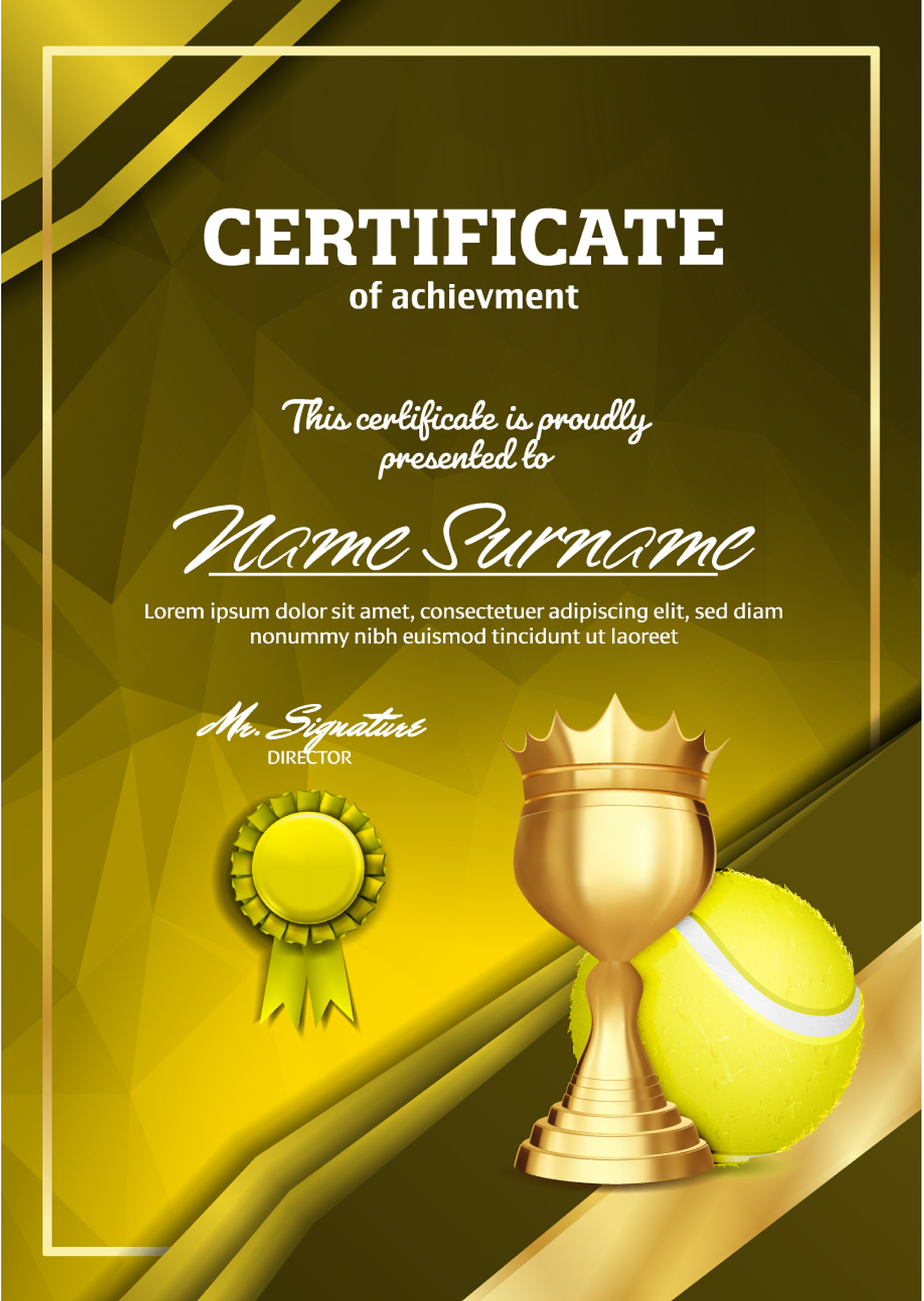 tennis certificate diploma with golden cup
