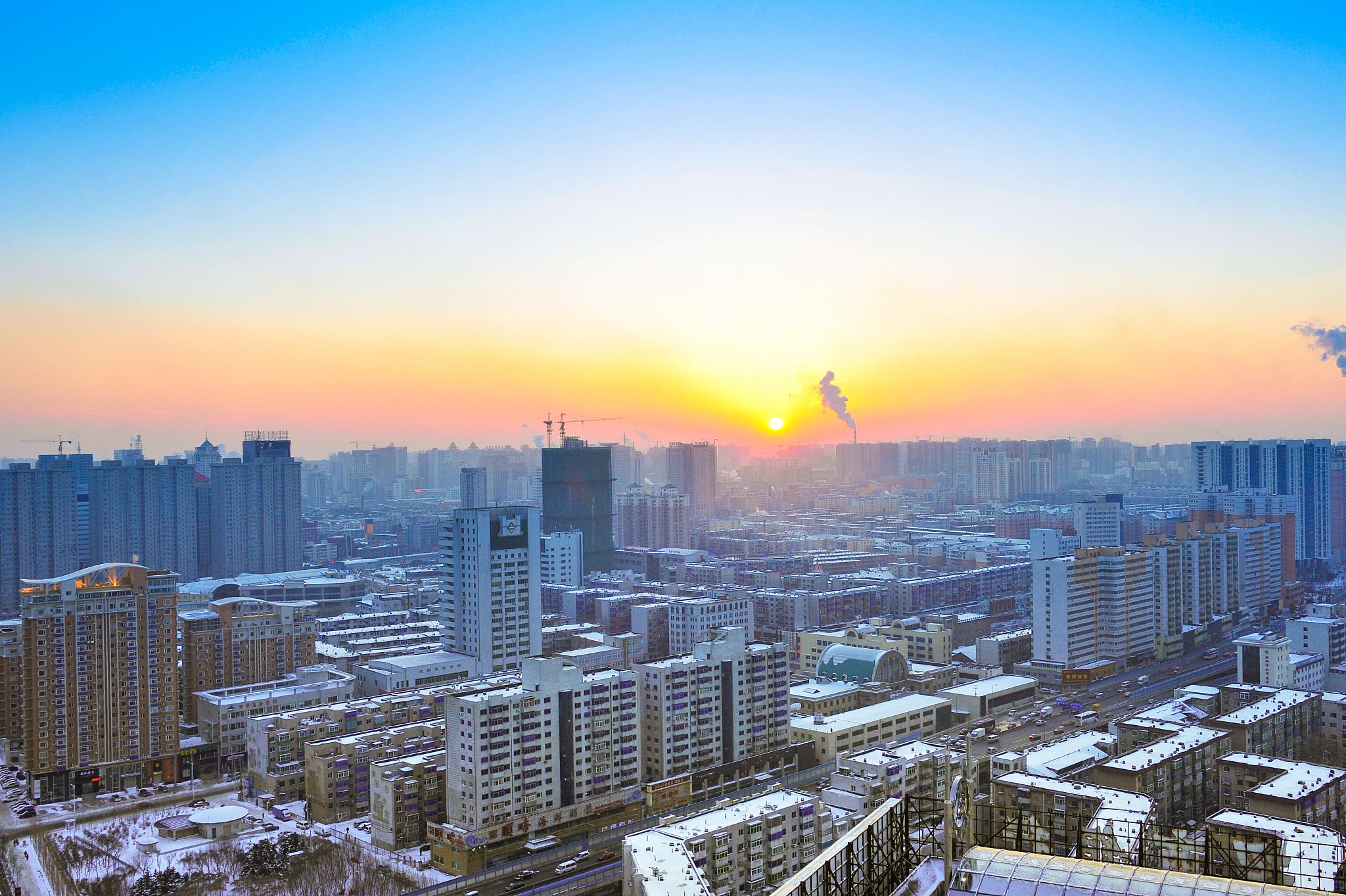 东北 沈阳 冬日 全景,日落