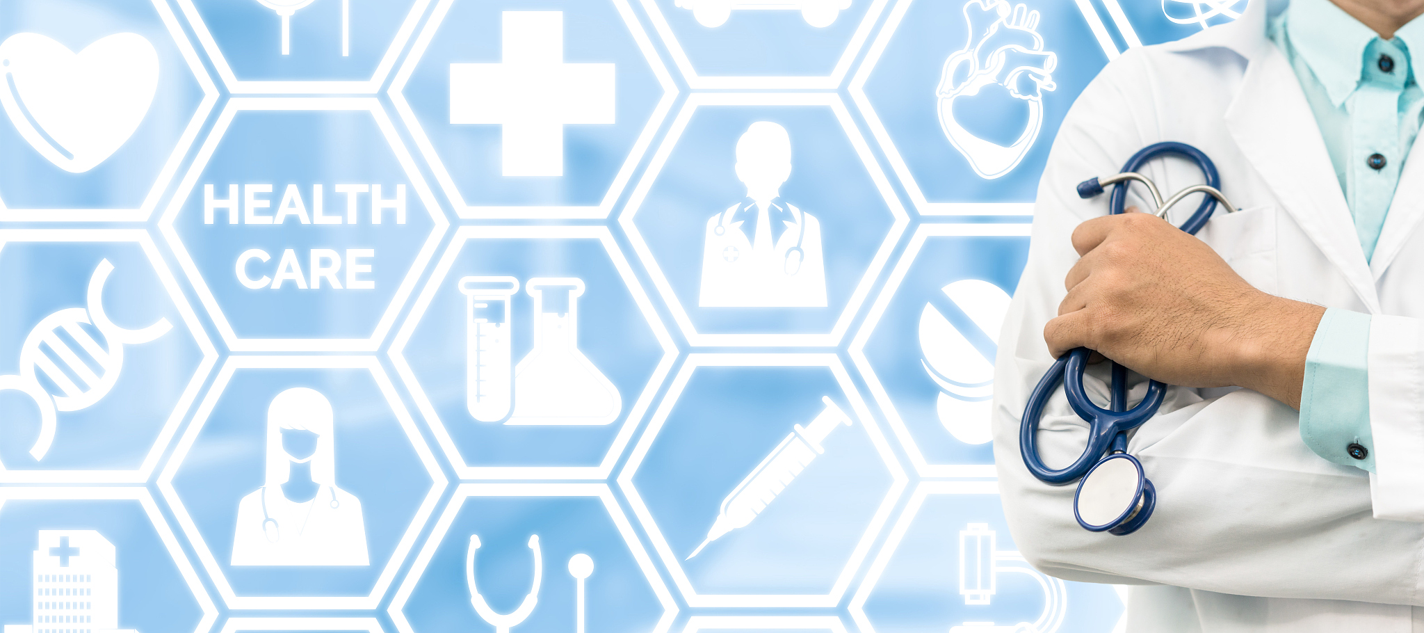 doctor on medical icons background