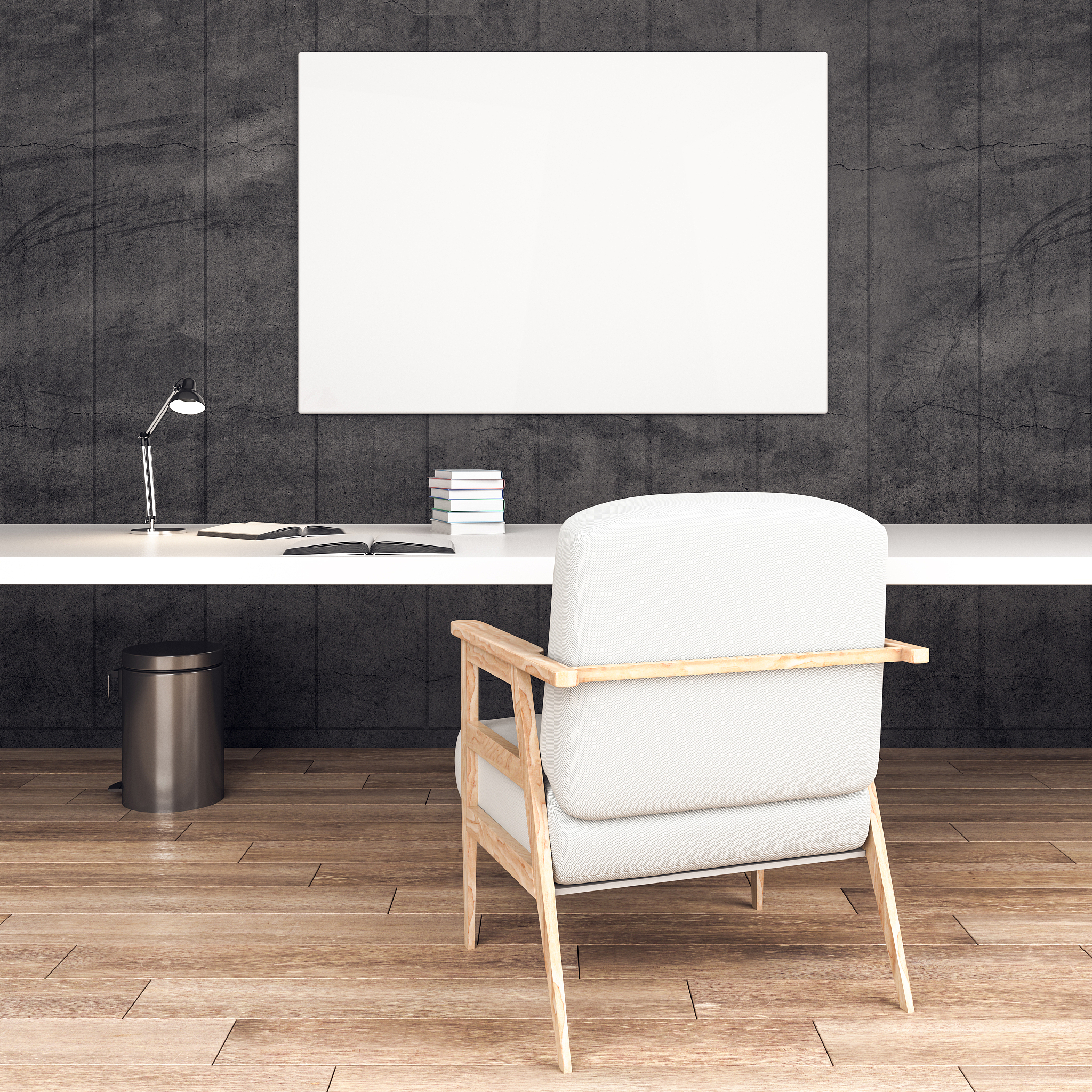 office desk with books, chair and blank poster