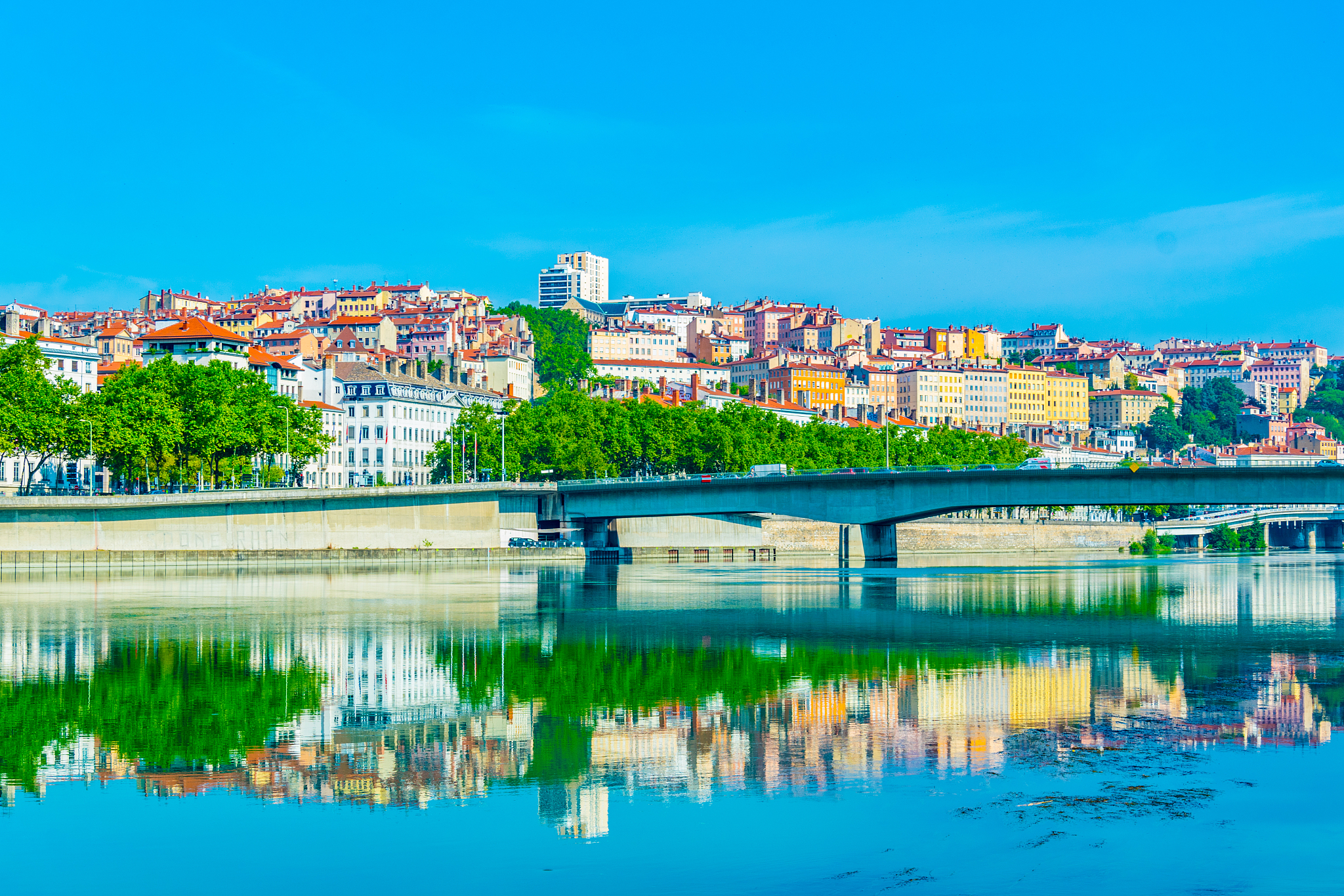 riverside of rhone river in lyon, france