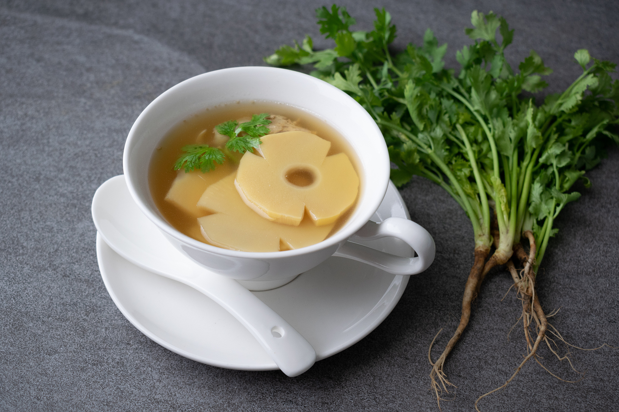 bamboo shoot soup or bamboo shoot boiled with pork in white bowl