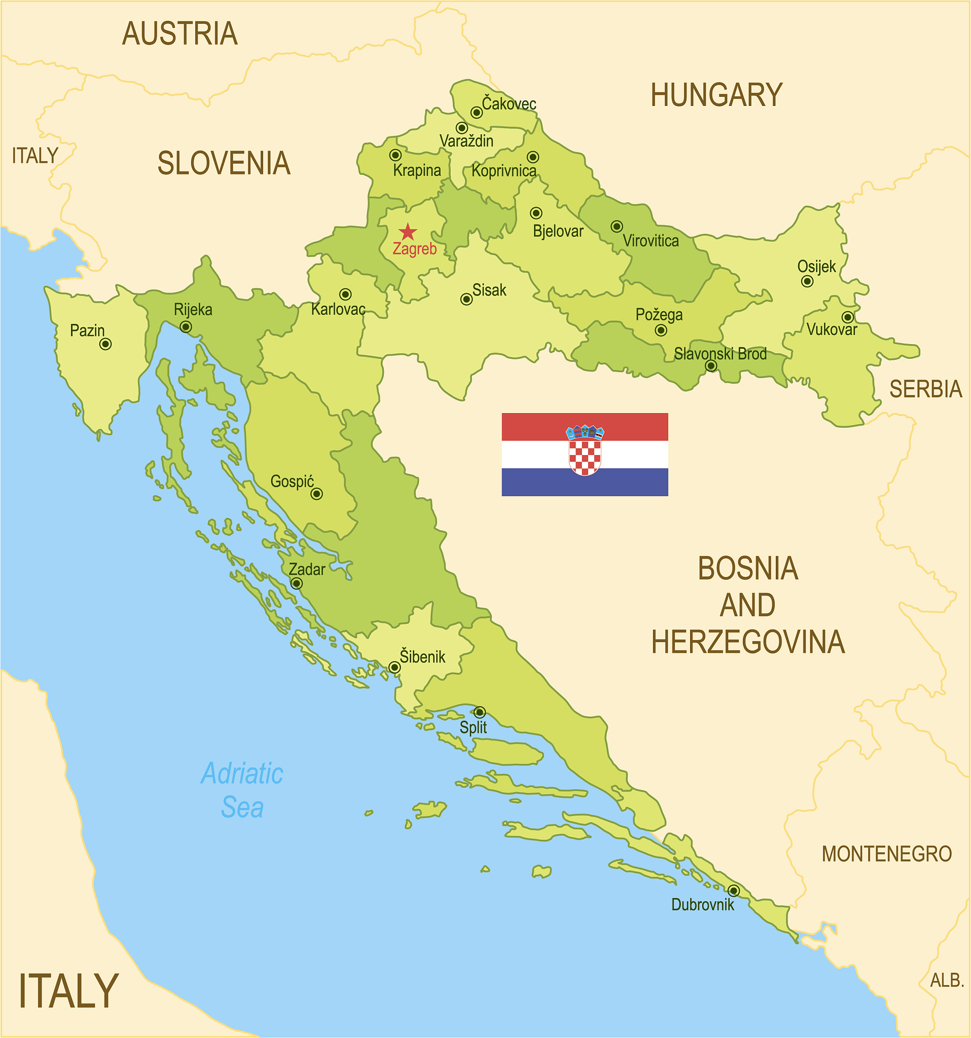 flat map of croatia with flag