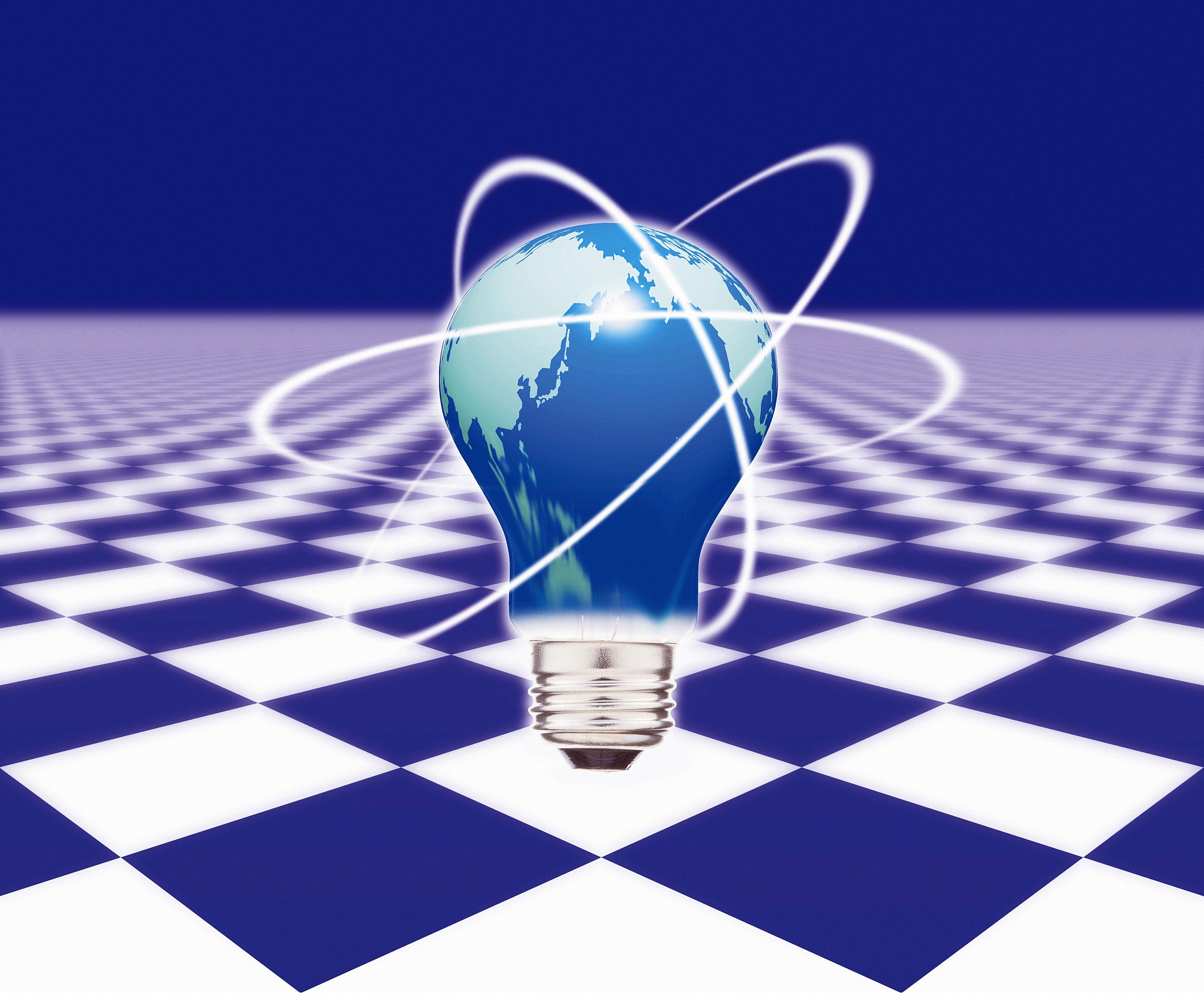 electric bulb floating over the blue and white checkered floor, 