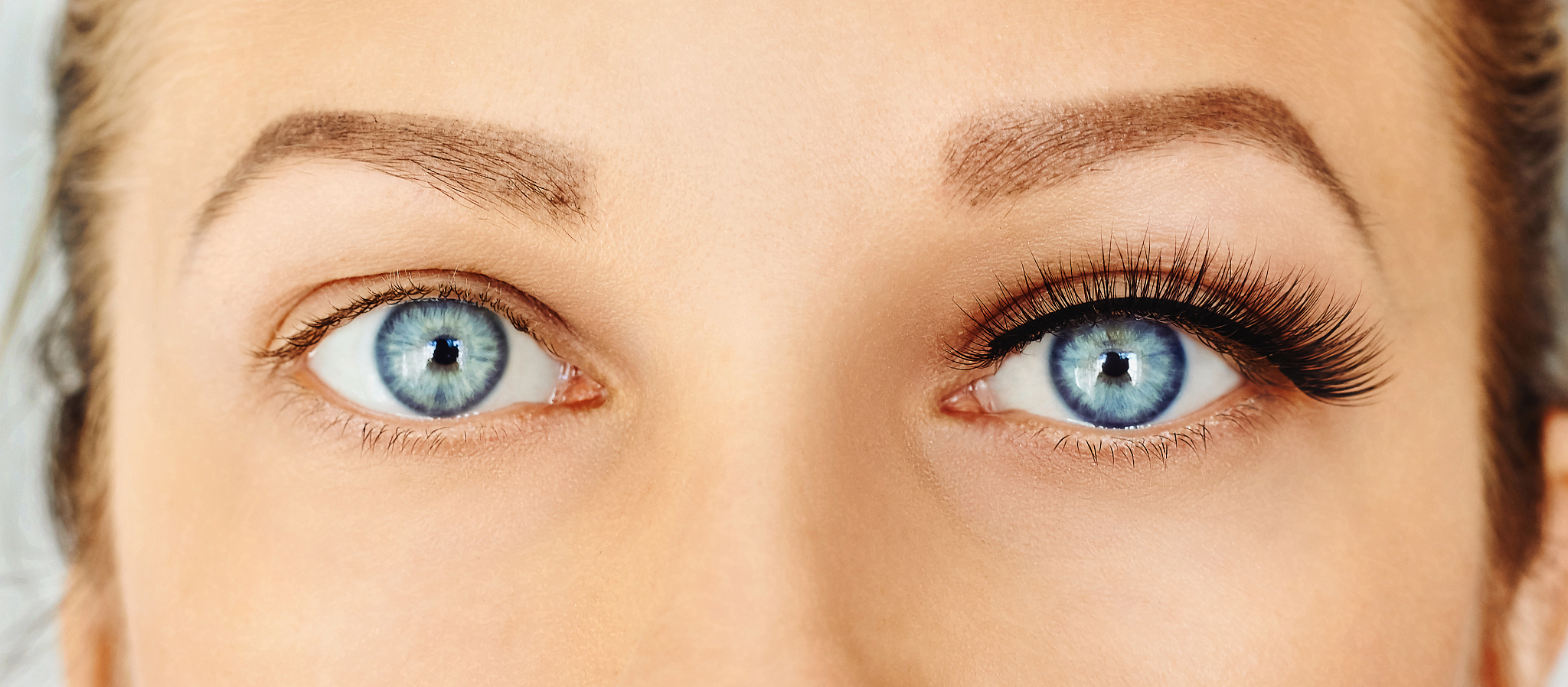 female eyes with long false eyelashes, befor and after change
