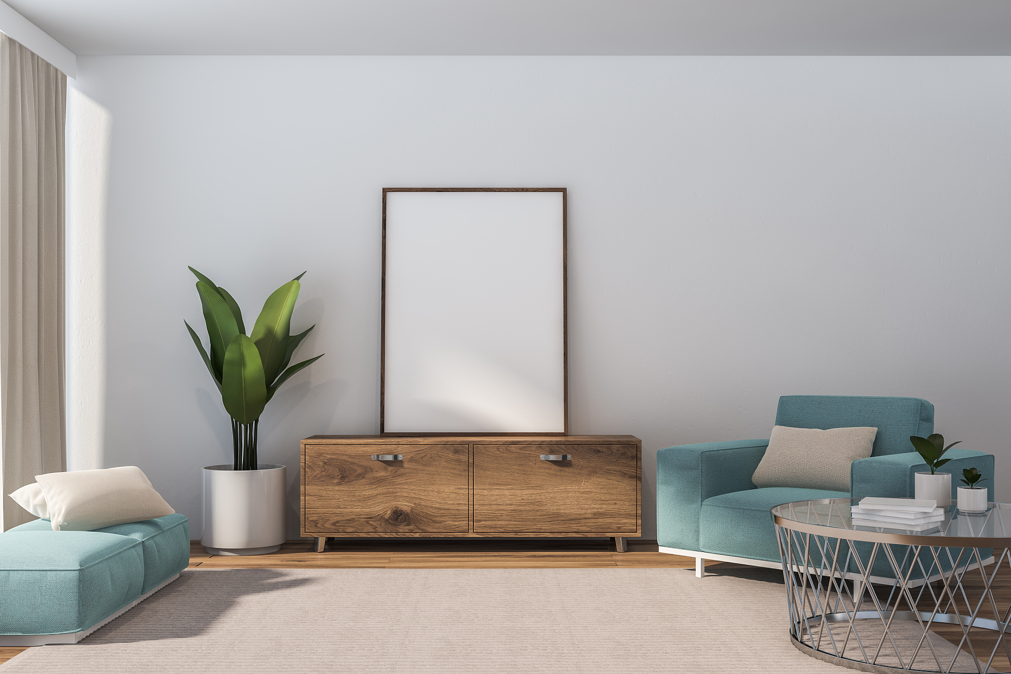 white living room with blue armchair and poster