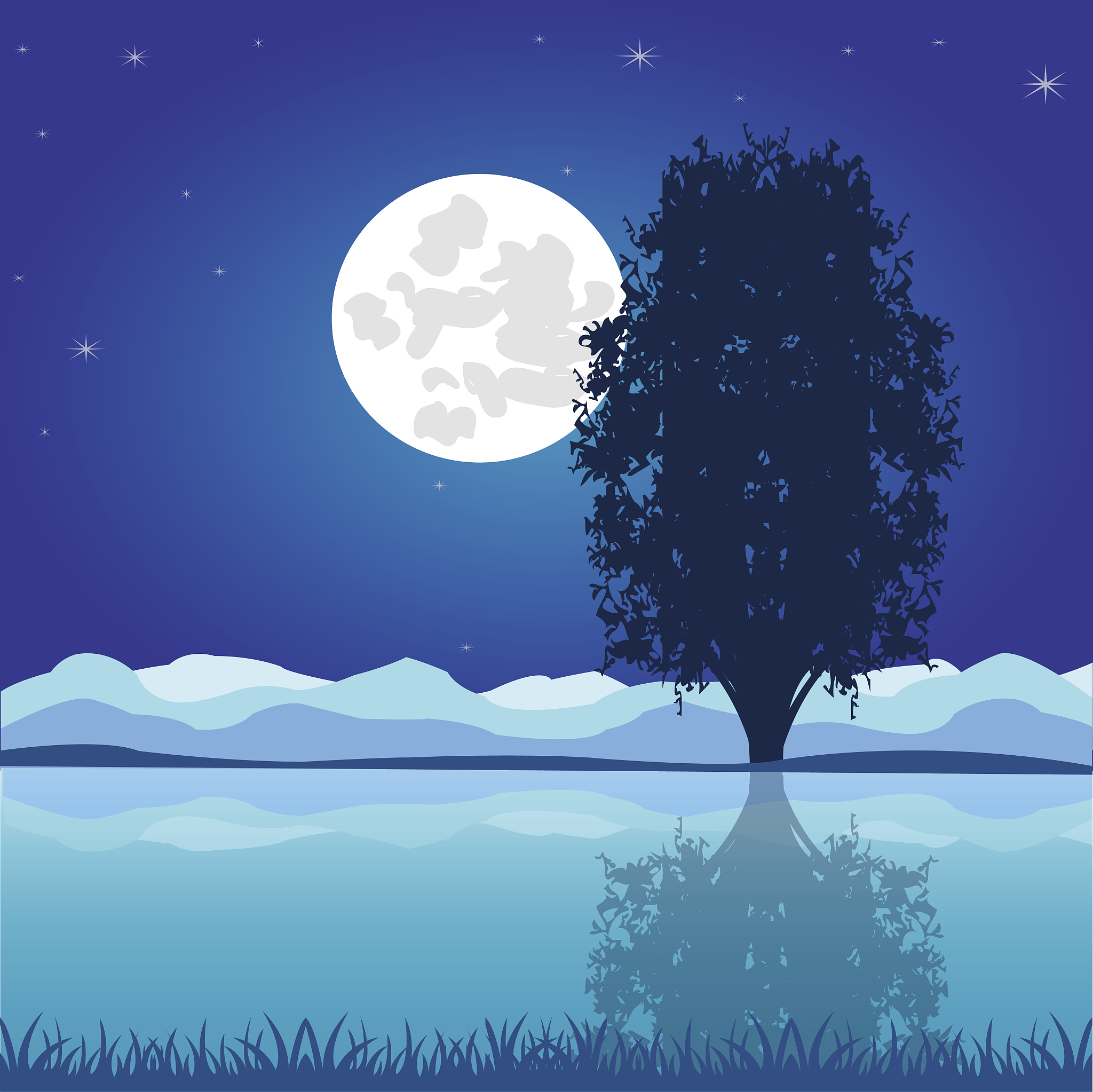 夜晚池塘绘画教程：如何画出满月倒影与寂静氛围