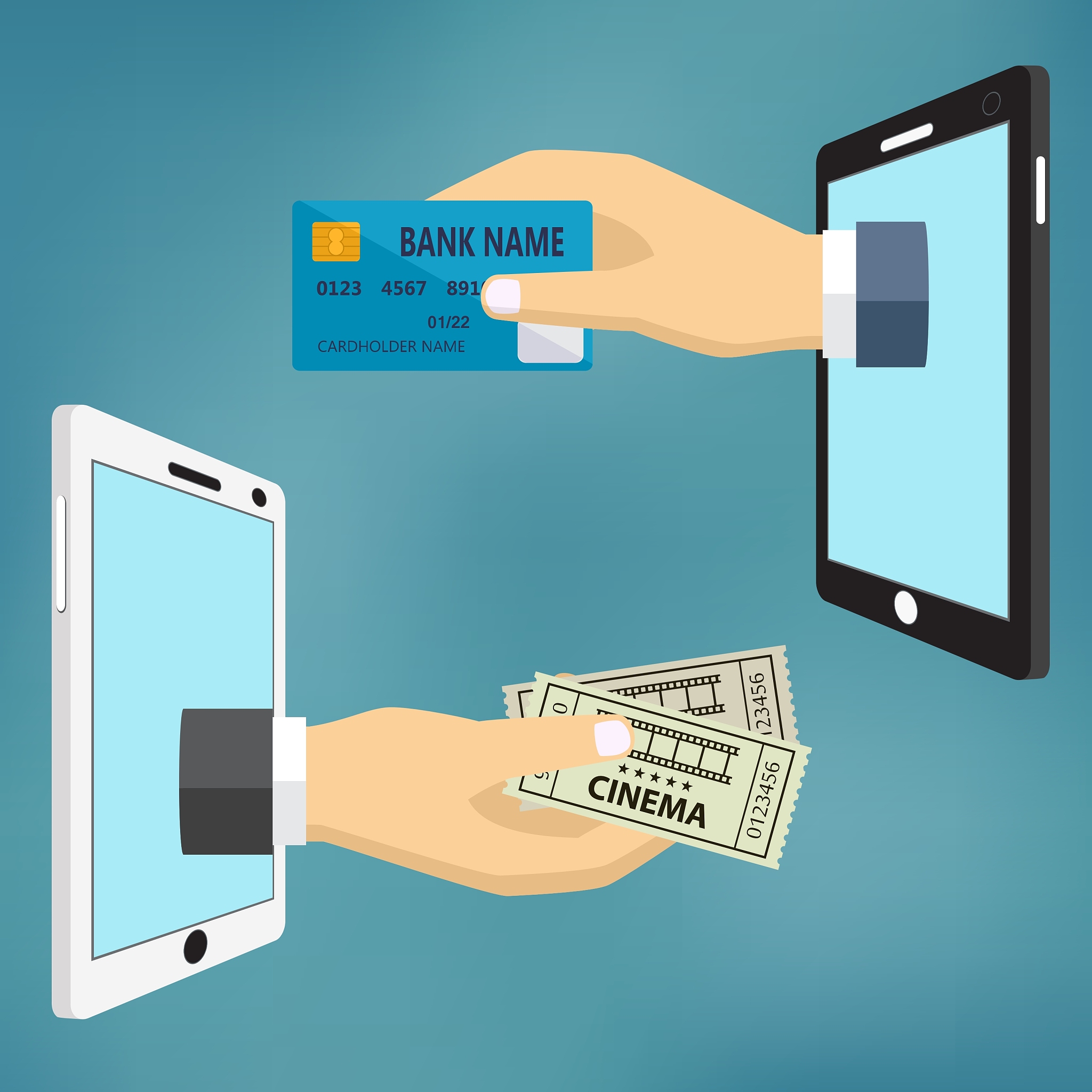 hands with credit card and cinema tickets