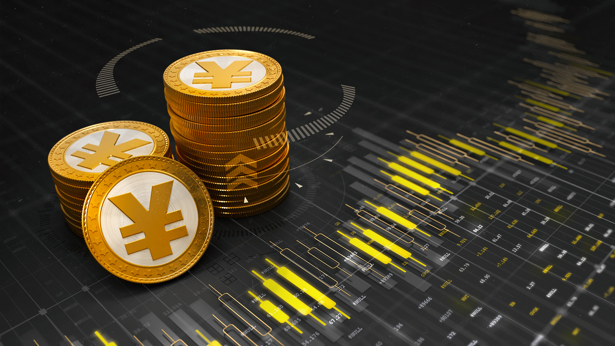 group of golden yuan coins placed on graph chart with digits and