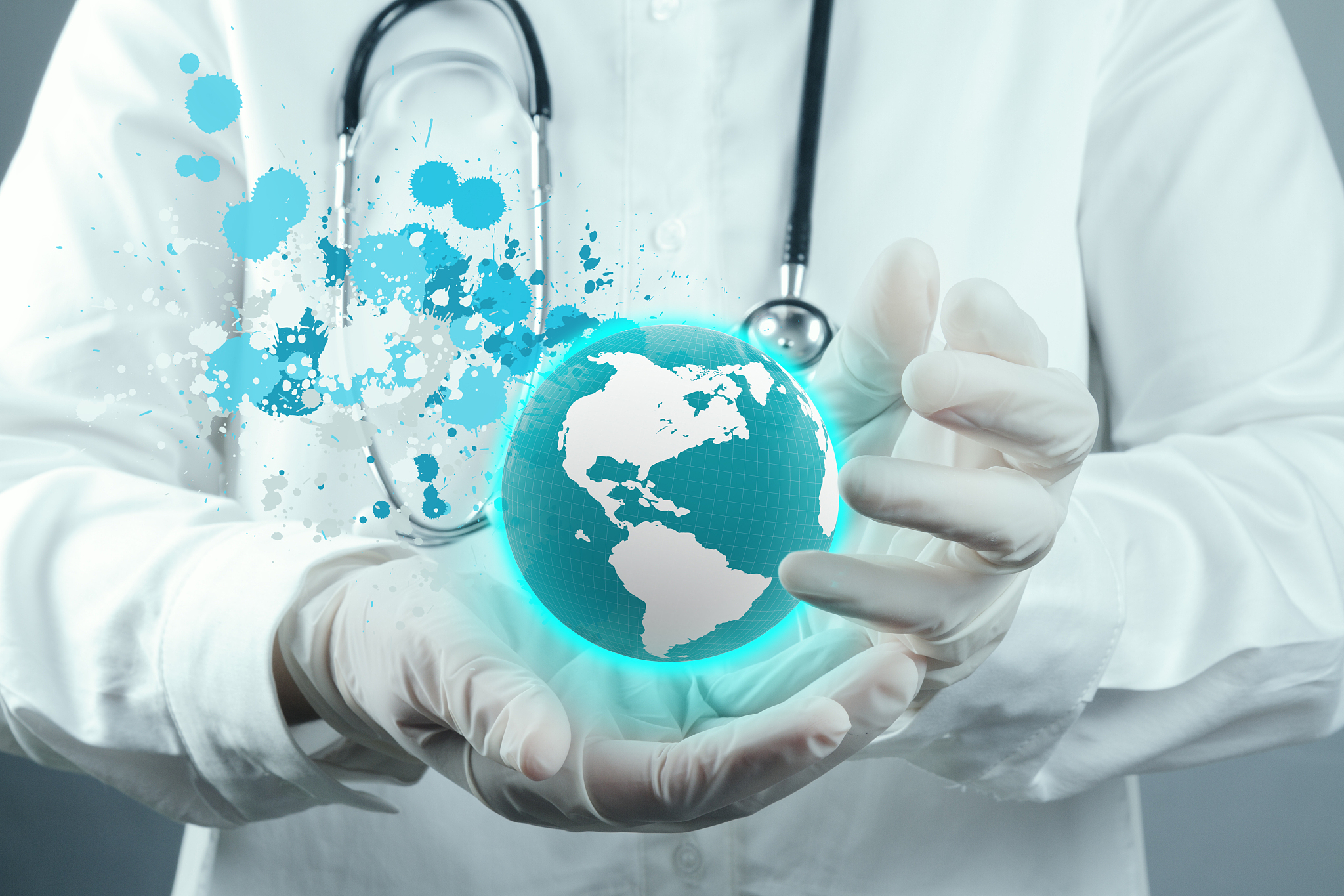 doctor holding  world globe and splash colors in her hands