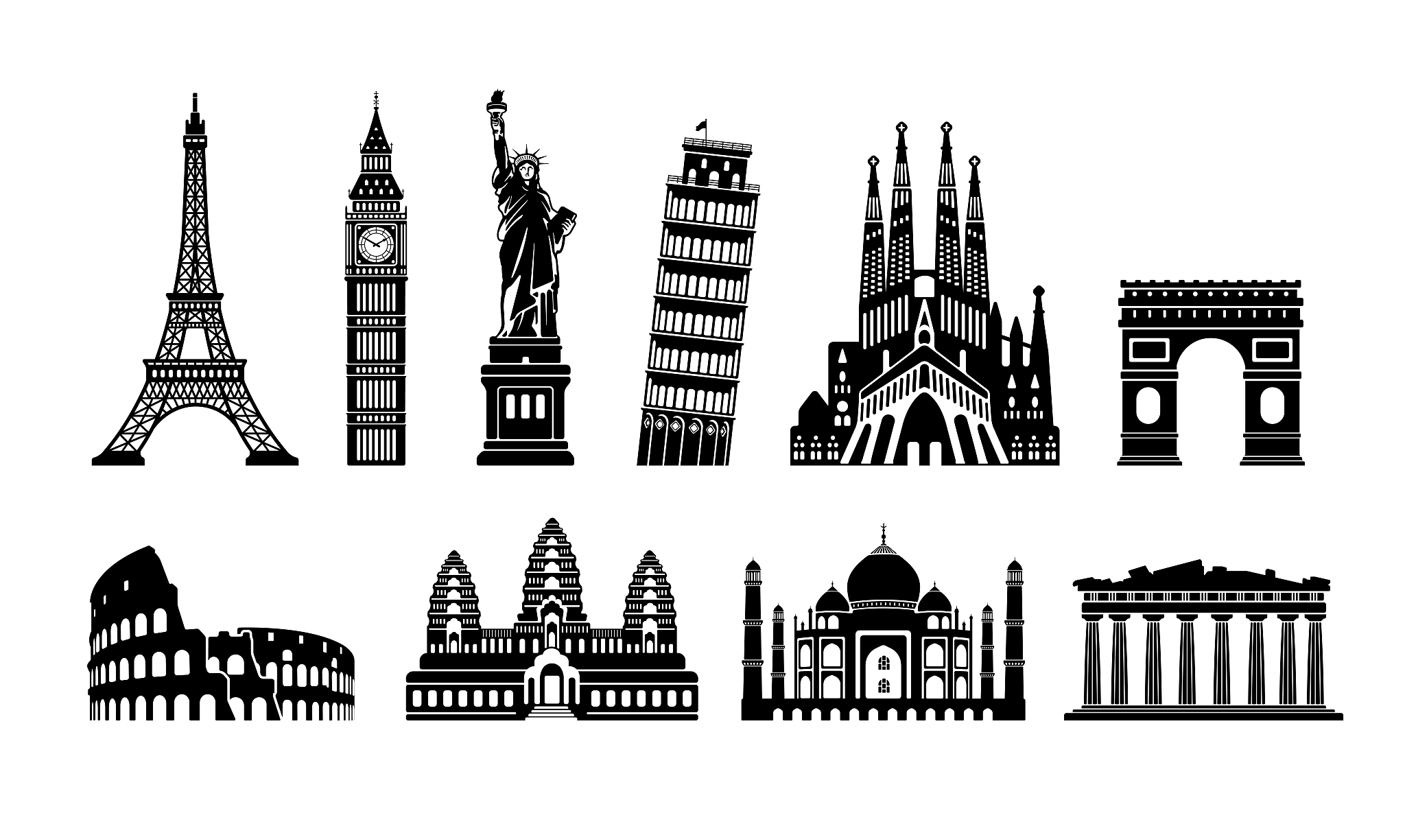 world famous buildings monochrome vector illustration set ( worl