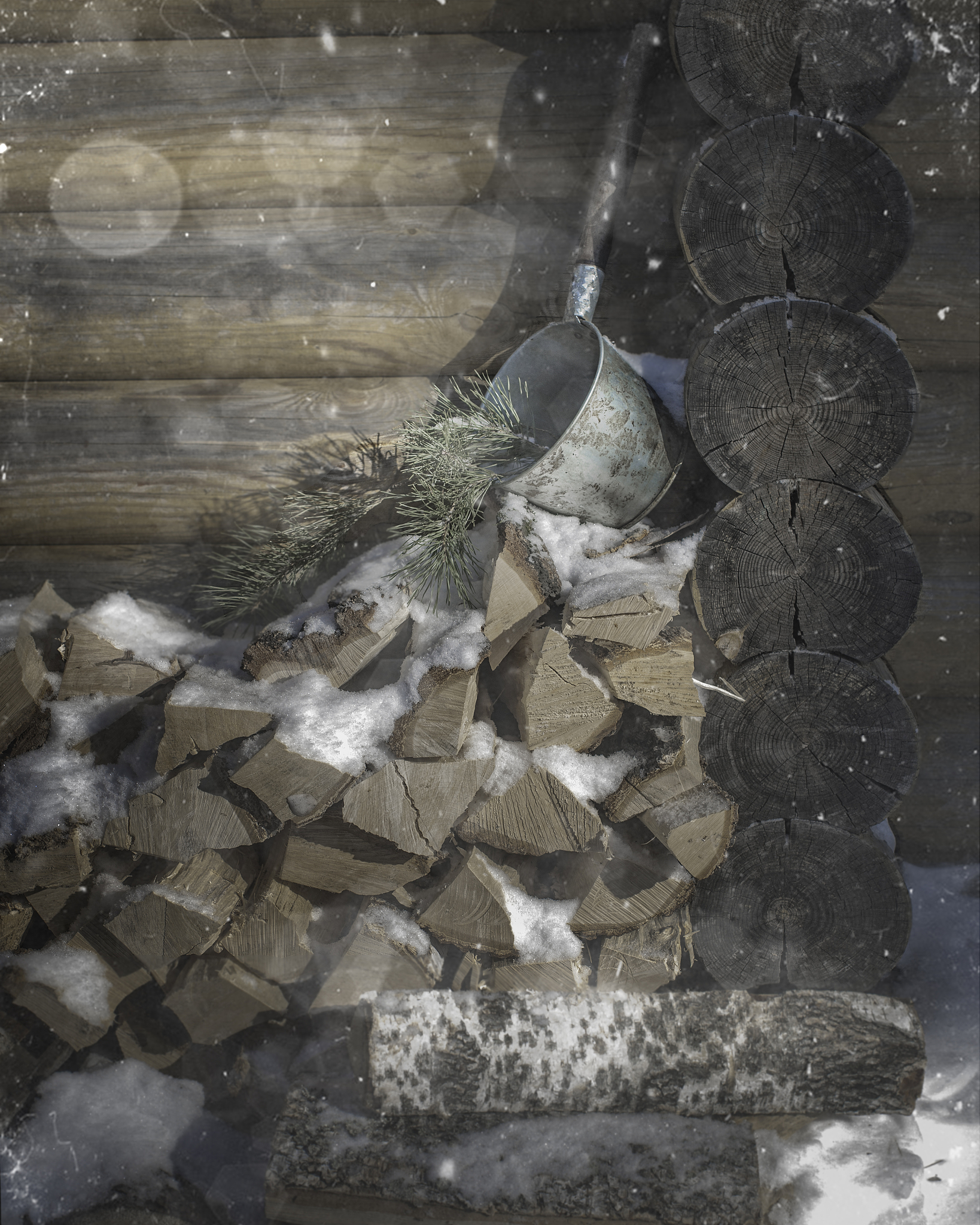 travel photography, still life with pile of firewood in the snow