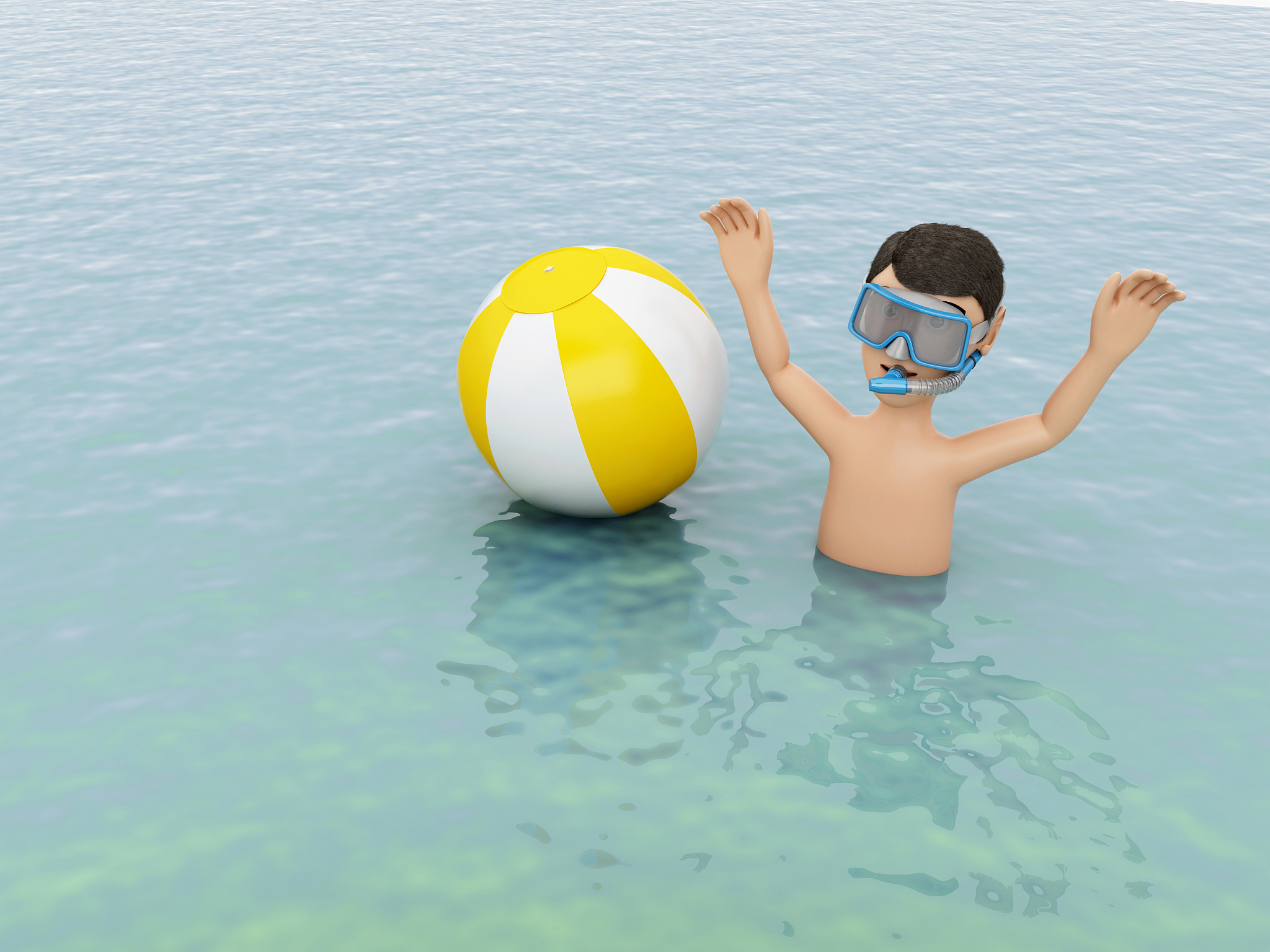 3d young people with beach ball in water.