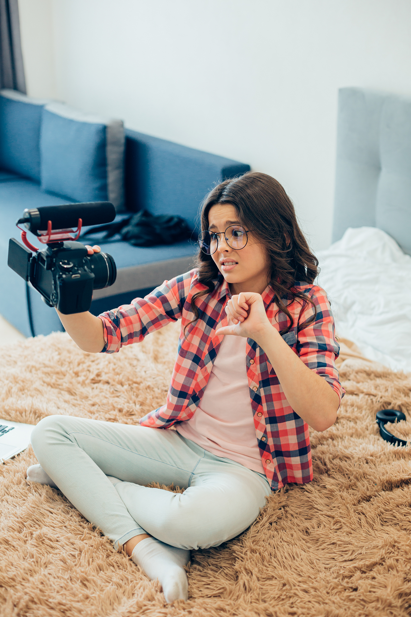 upset blogger recording video about her bad mood
