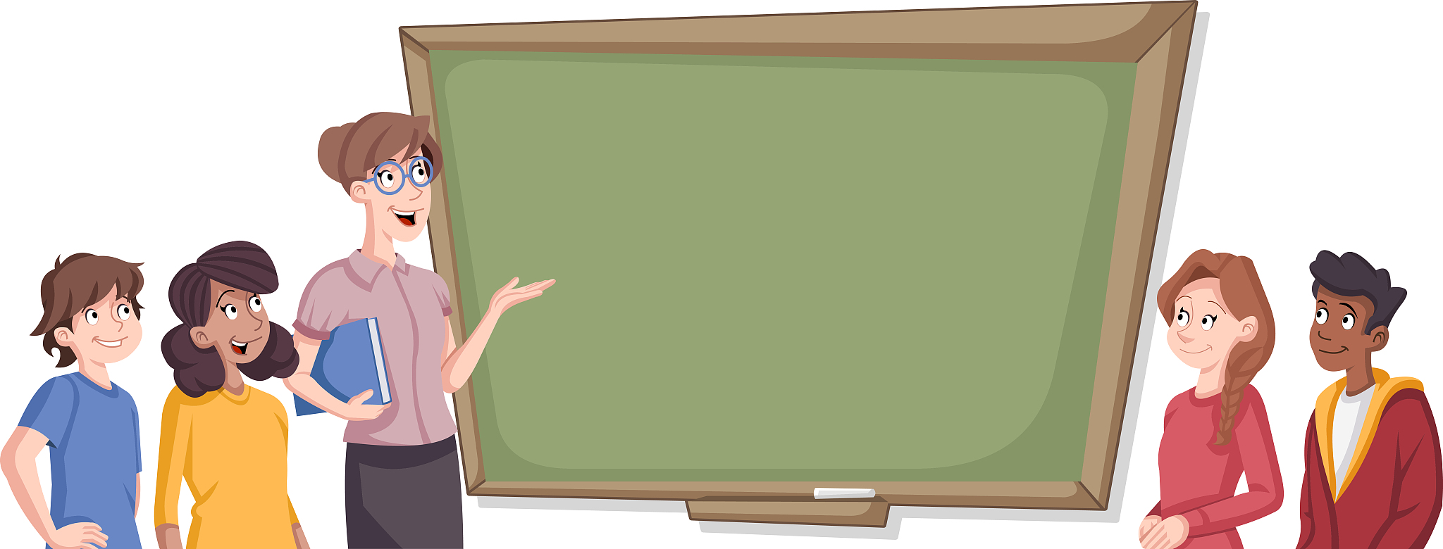cartoon students in classroom with teacher.