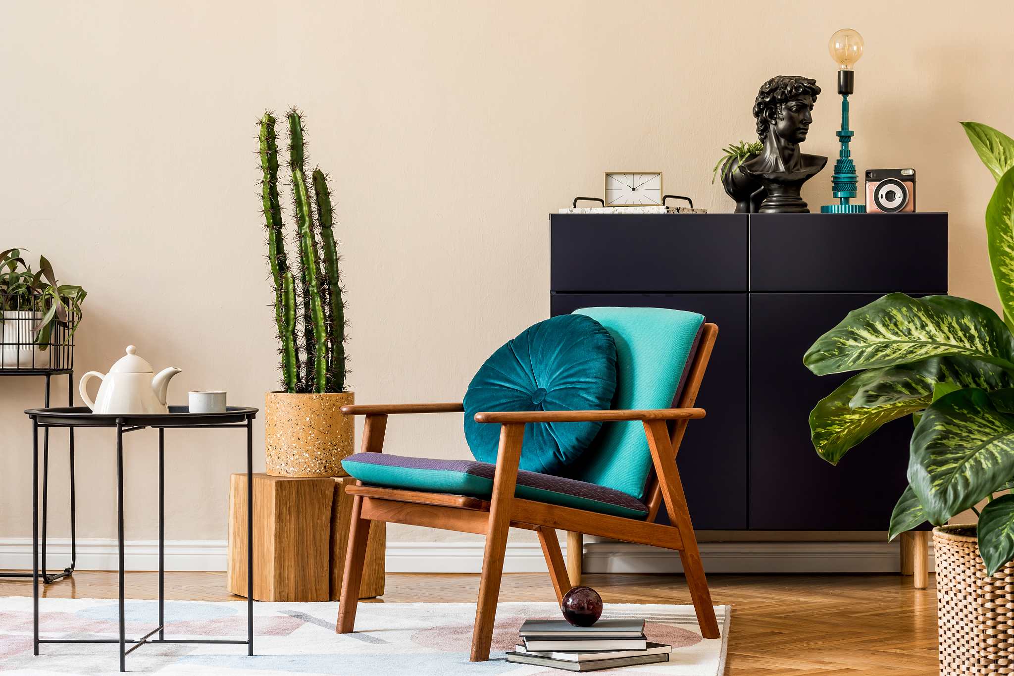 interior design of retro modern living room with stylish blue na