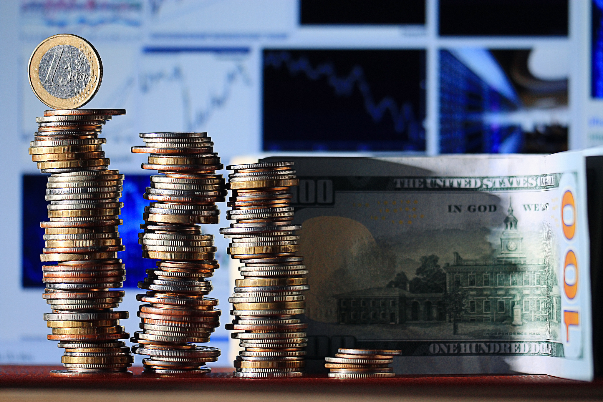 stacks of coins concept dollars euro dollar exchange rate econom