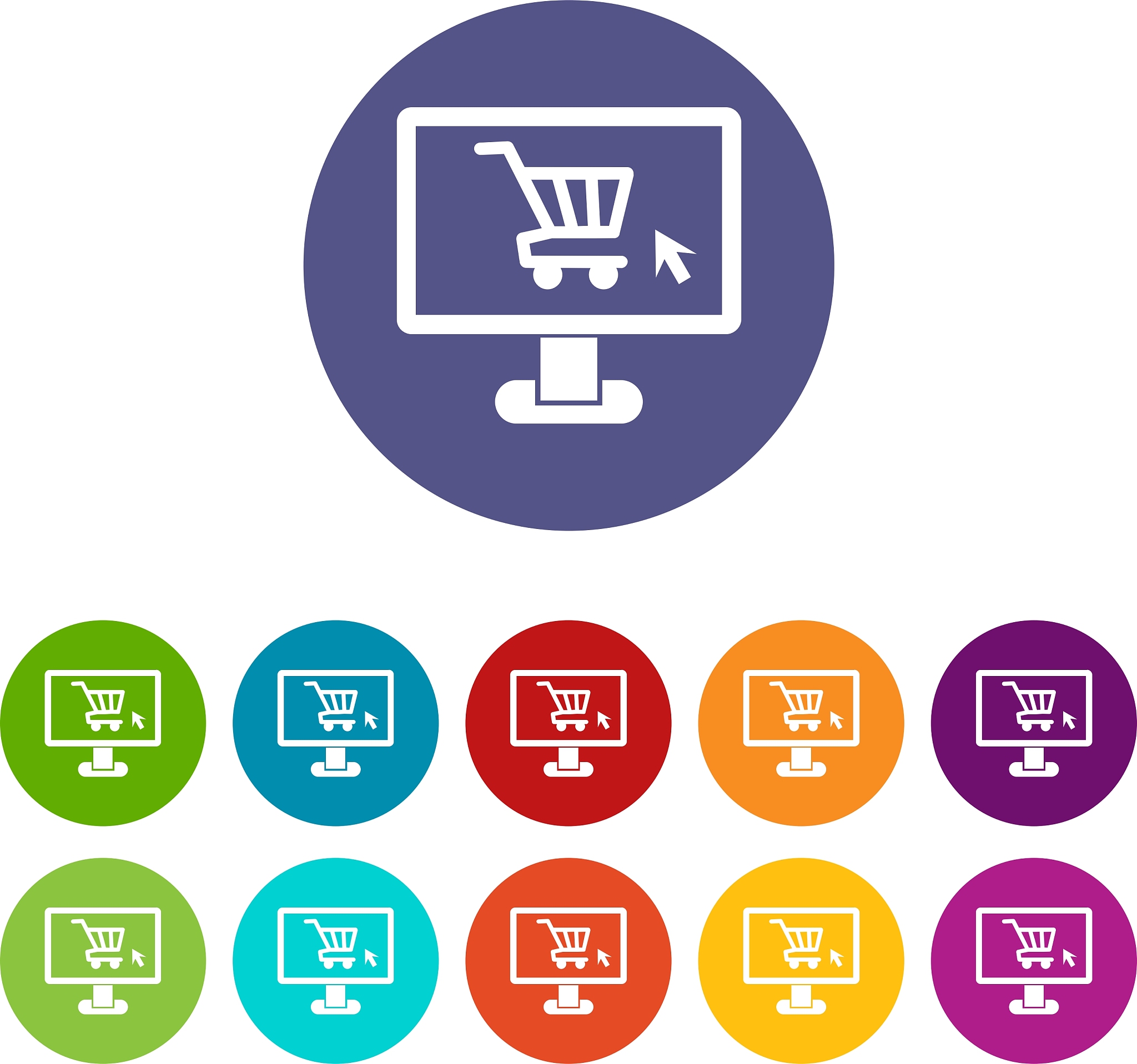 computer monitor with shopping cart set icons