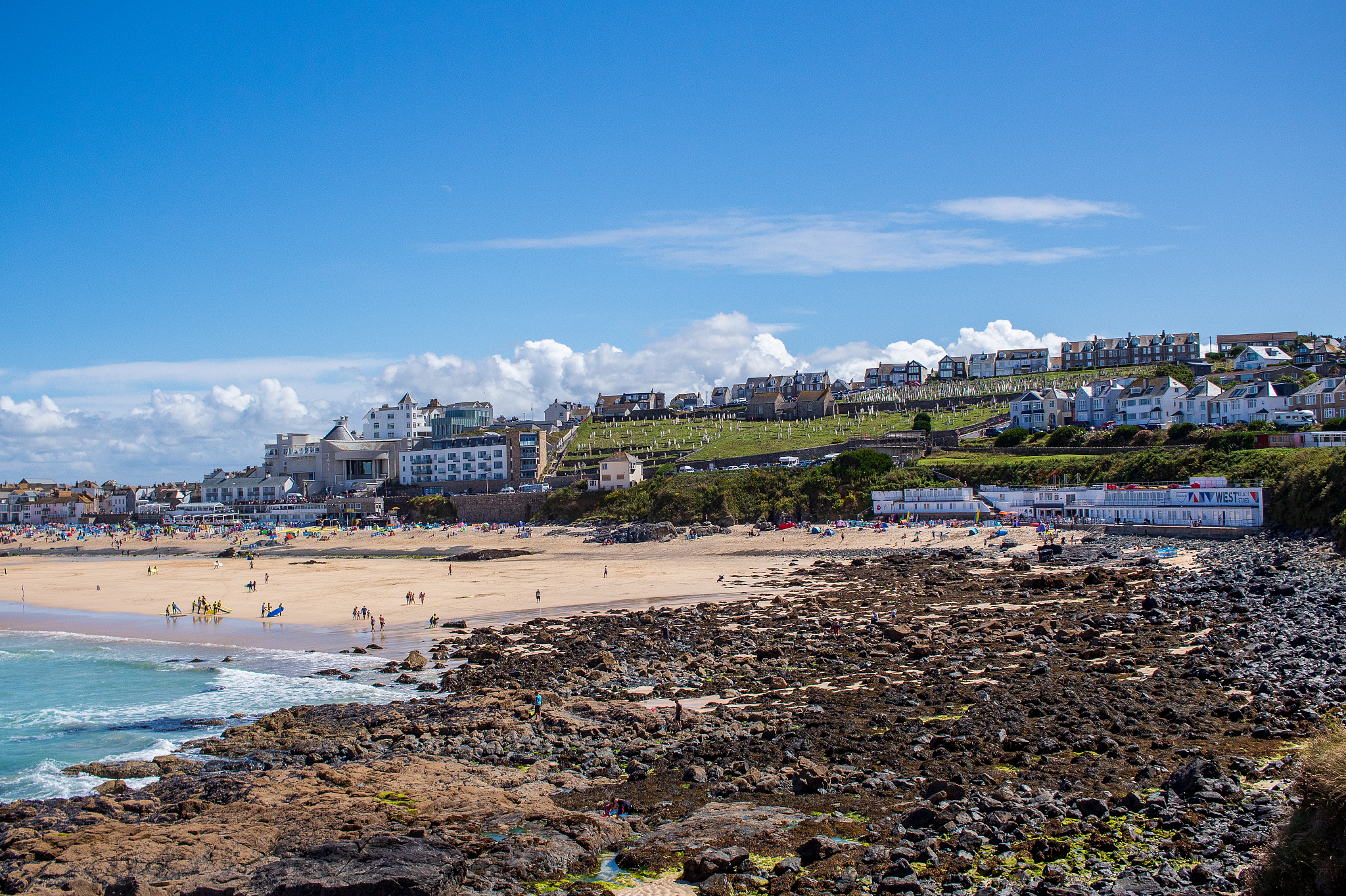 view across porthmear beach, st ives, cornwall,