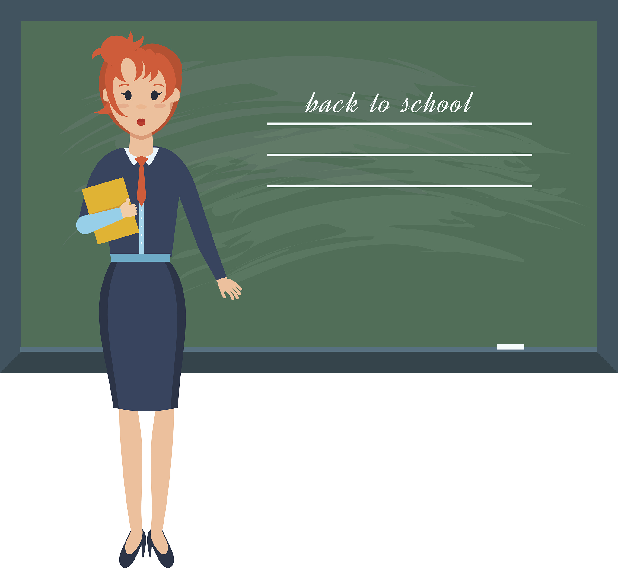 young teacher with pointer beside blackboard on white background