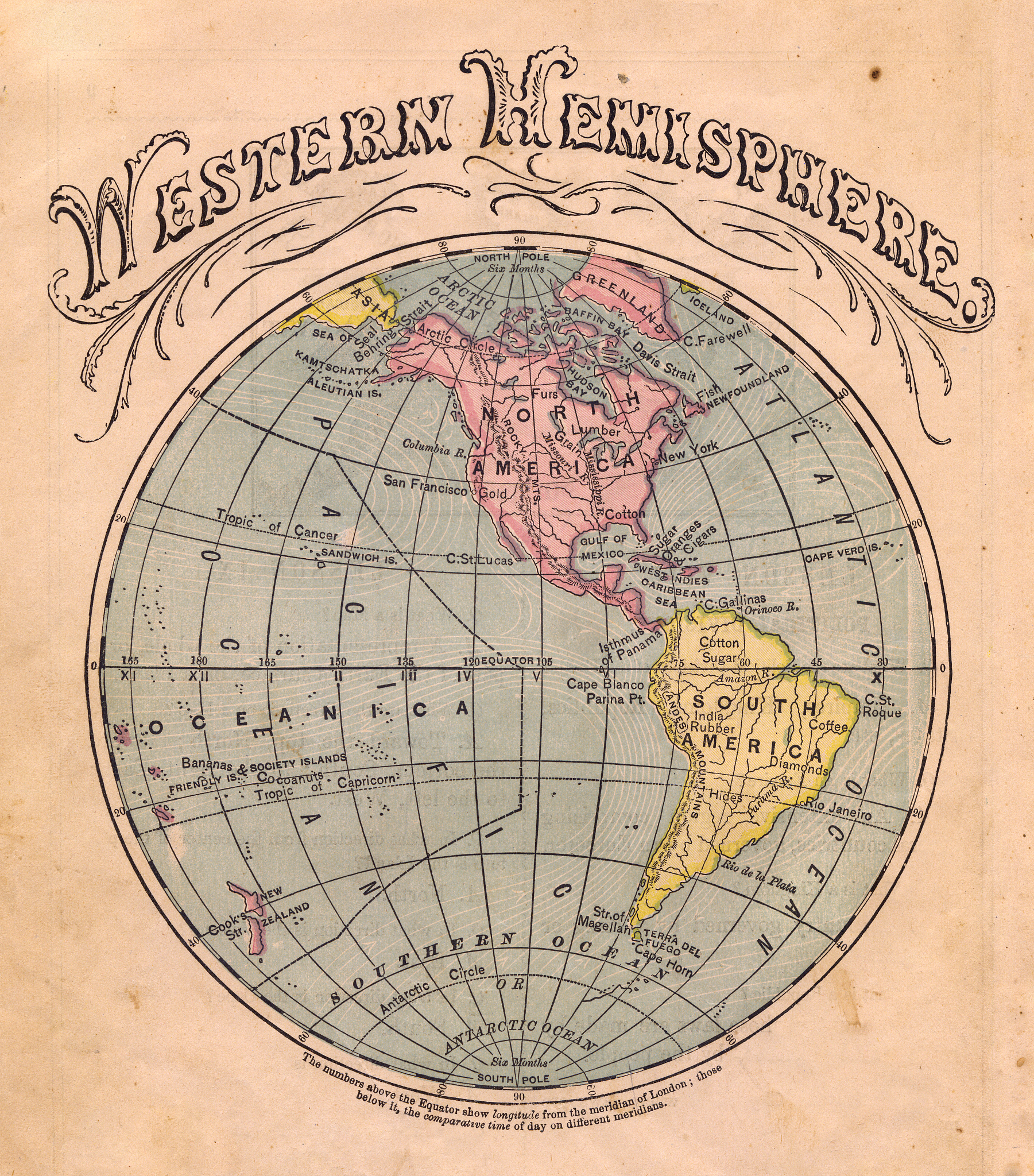 old color map of the western hemisphere, from 1867