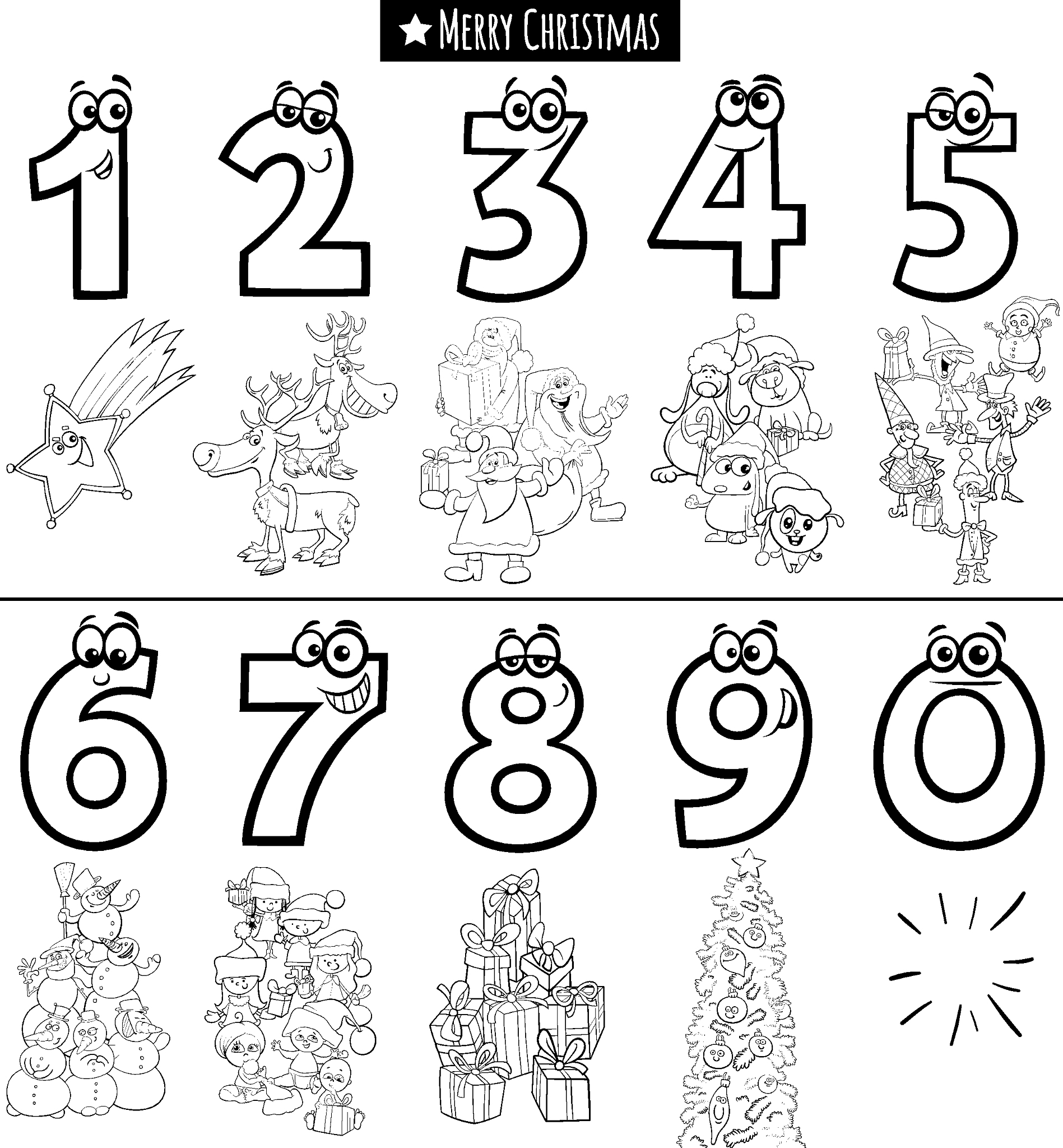 educational numbers set with christmas characters coloring book 