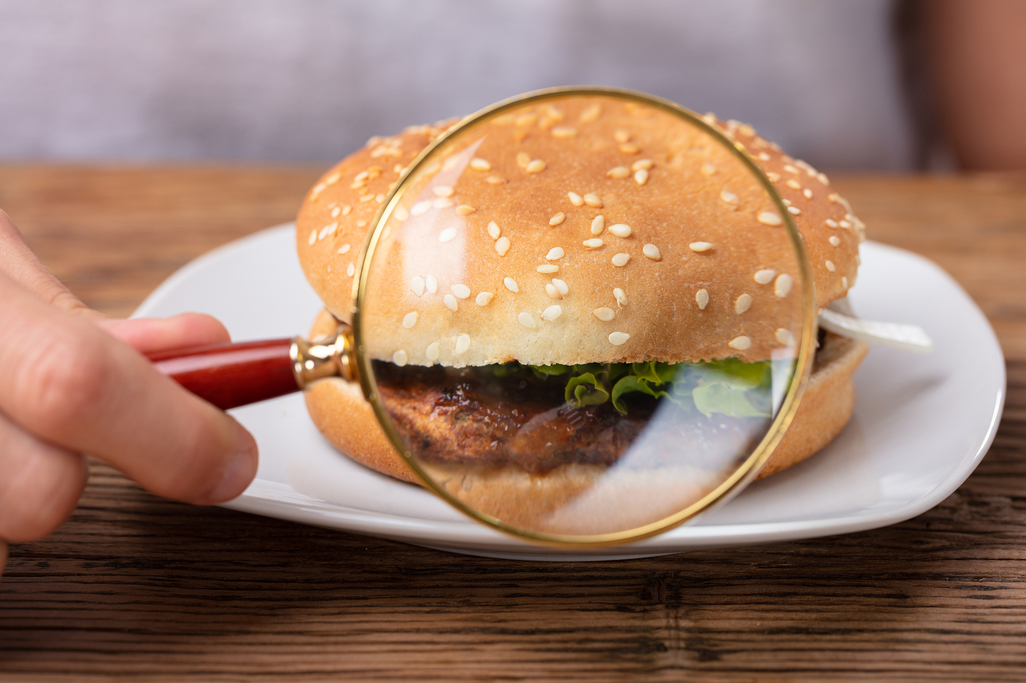 fresh burger seen through magnifying glass
