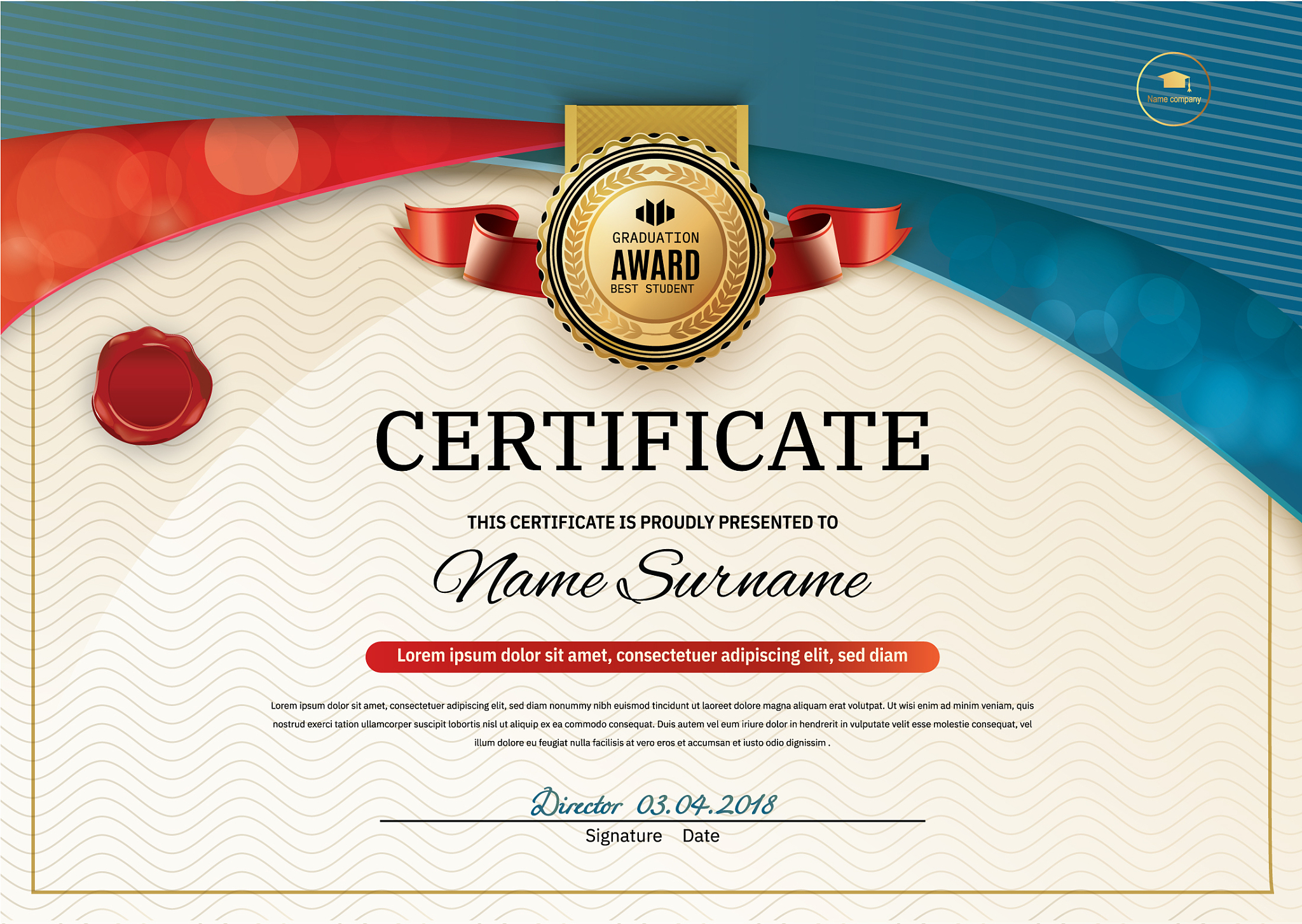 official certificate with red turquoise wave