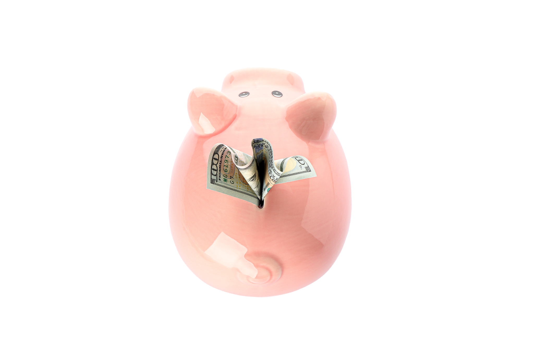 happy piggy bank with money isolated on white background, top vi