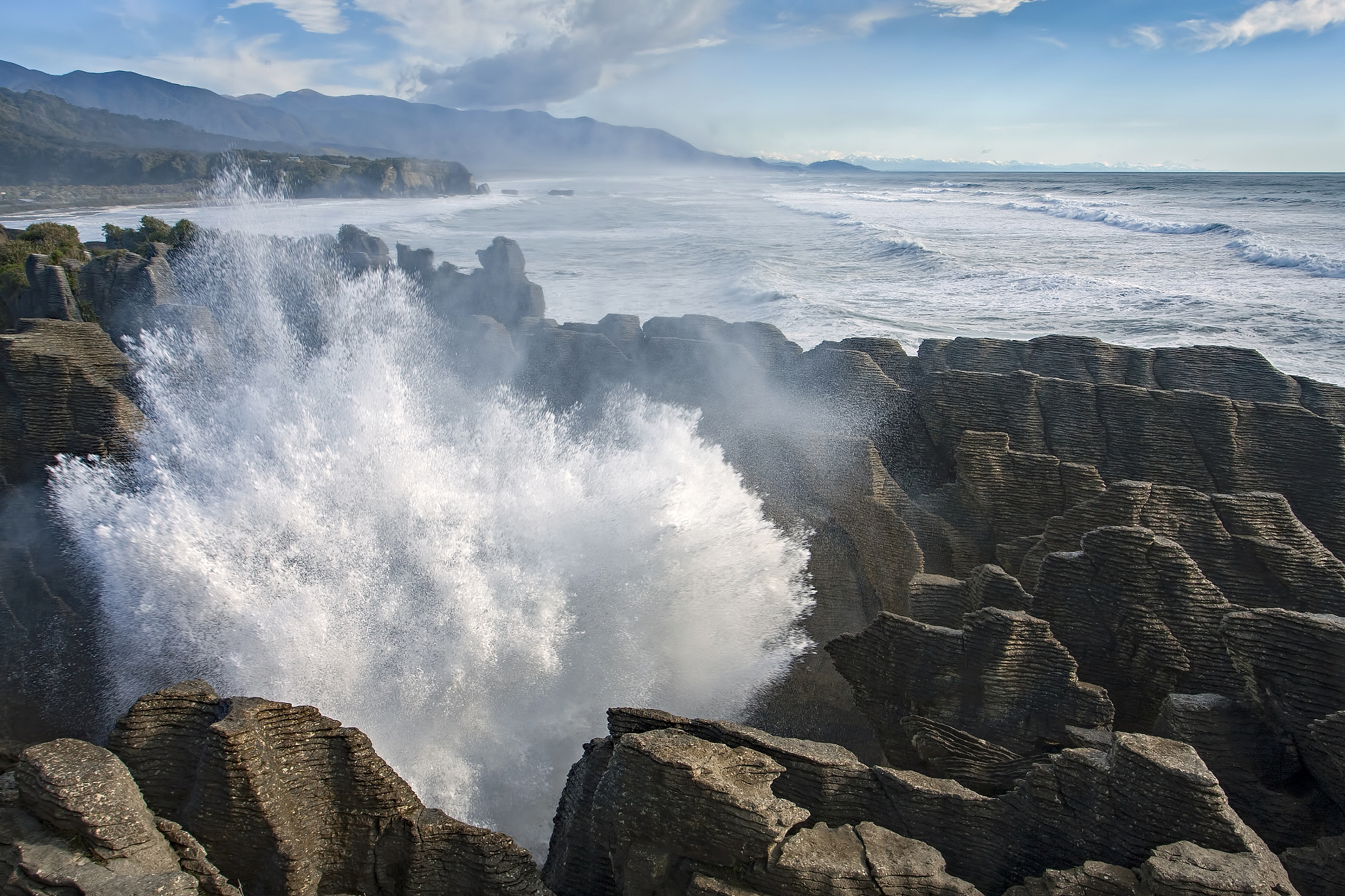 pancake rocks at high tide