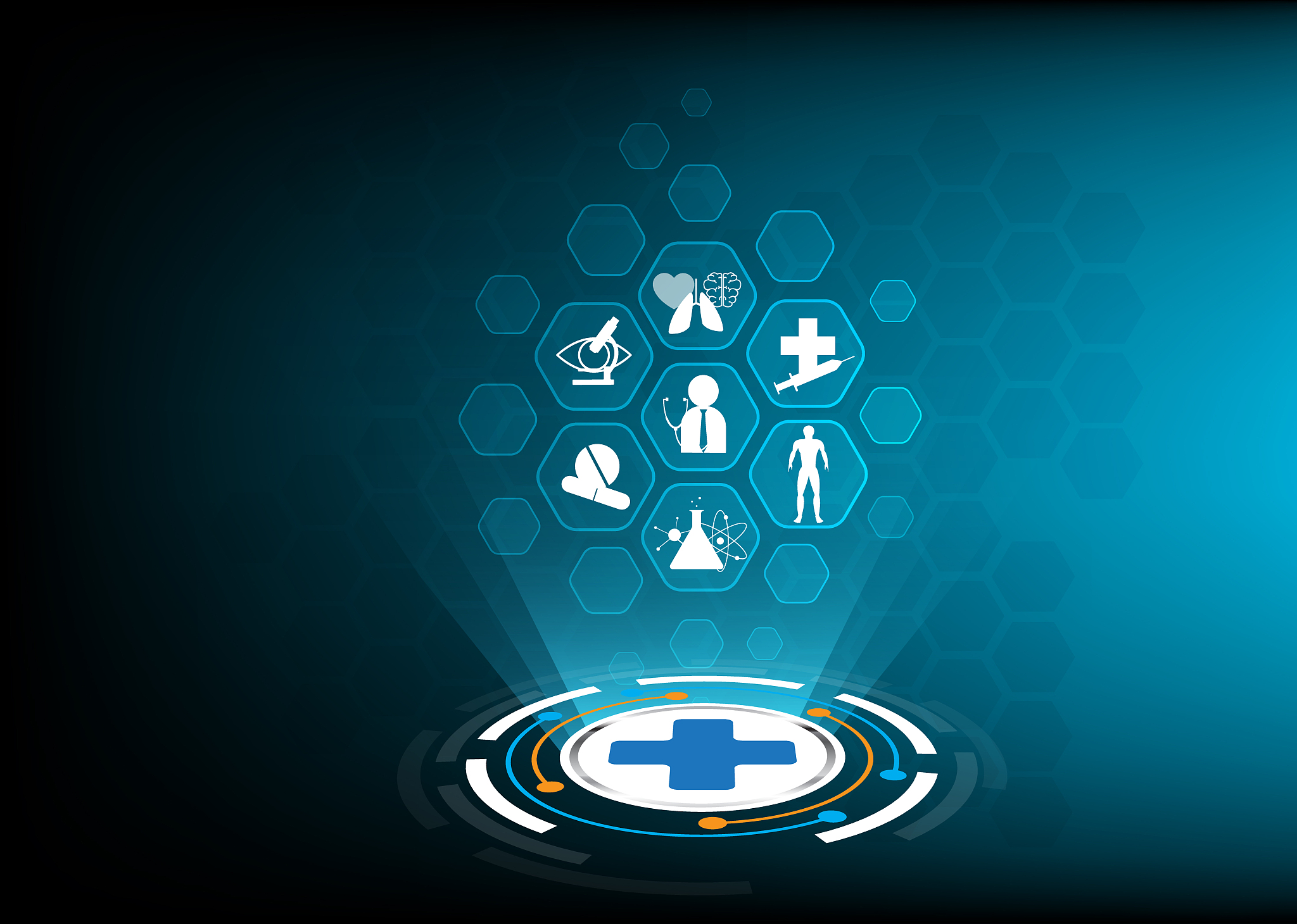 health care technology icons and blue medical innovations