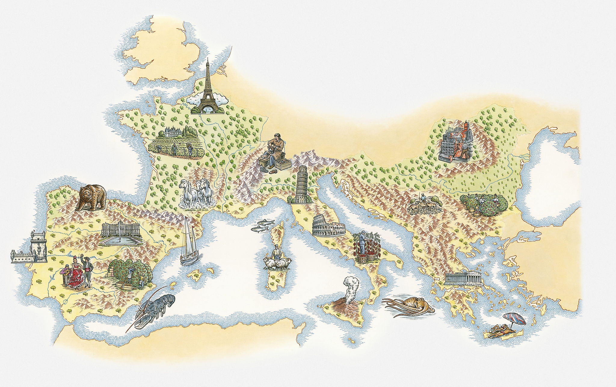 illustrated map of france, southern and southeastern europe