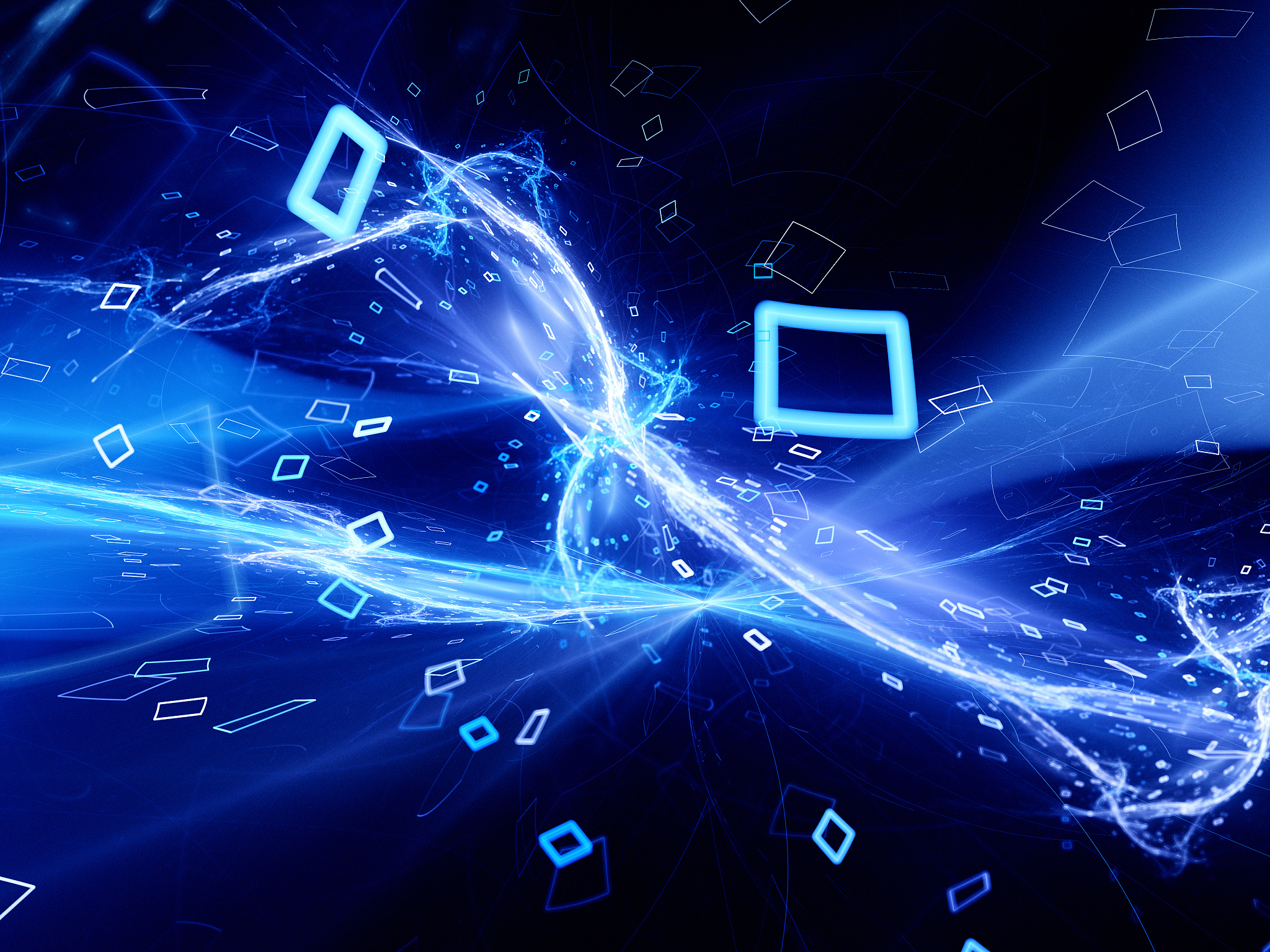 blue glowing flying squares with plasma in space