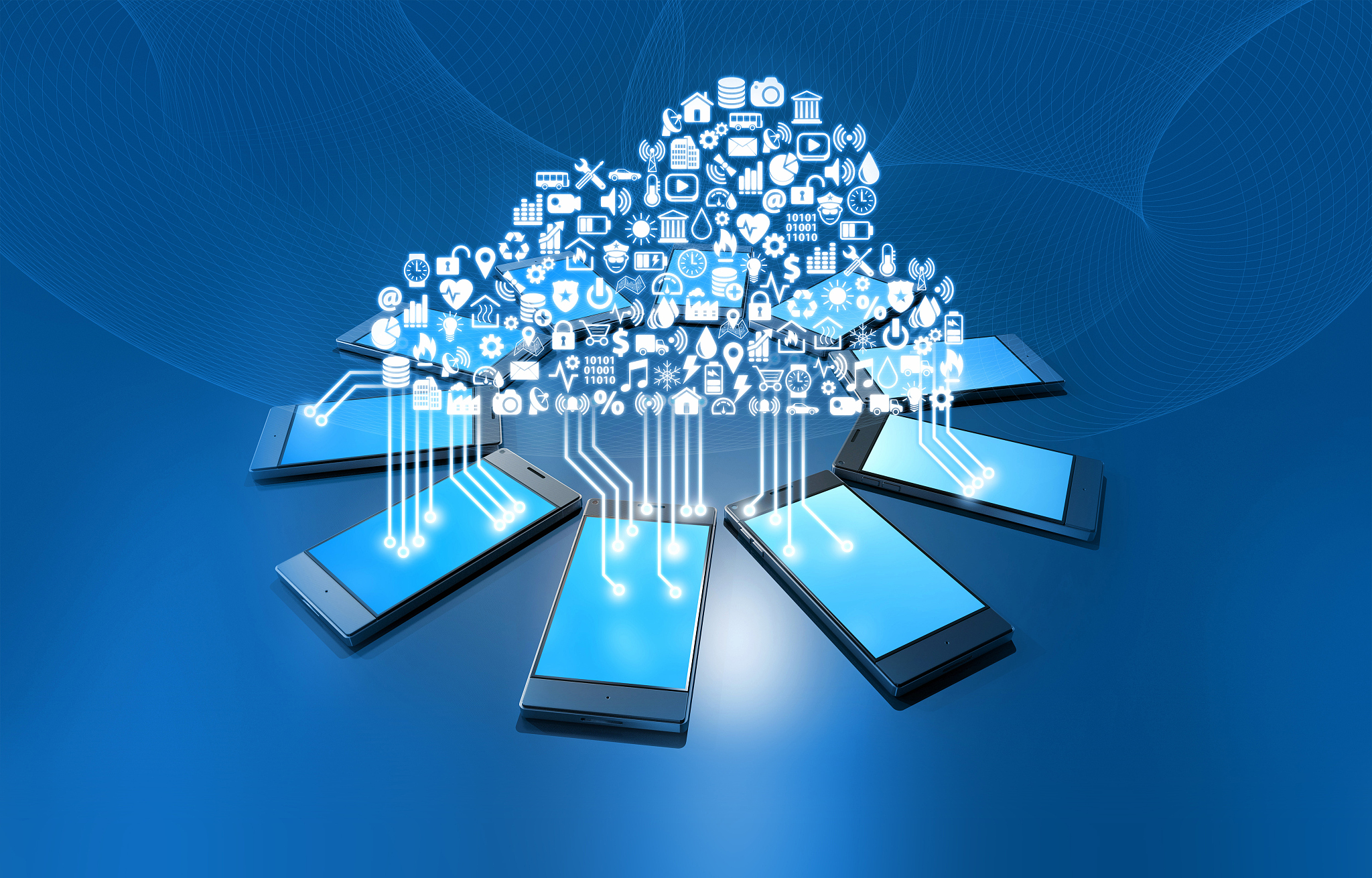 smartphones connected by a cloud computing network
