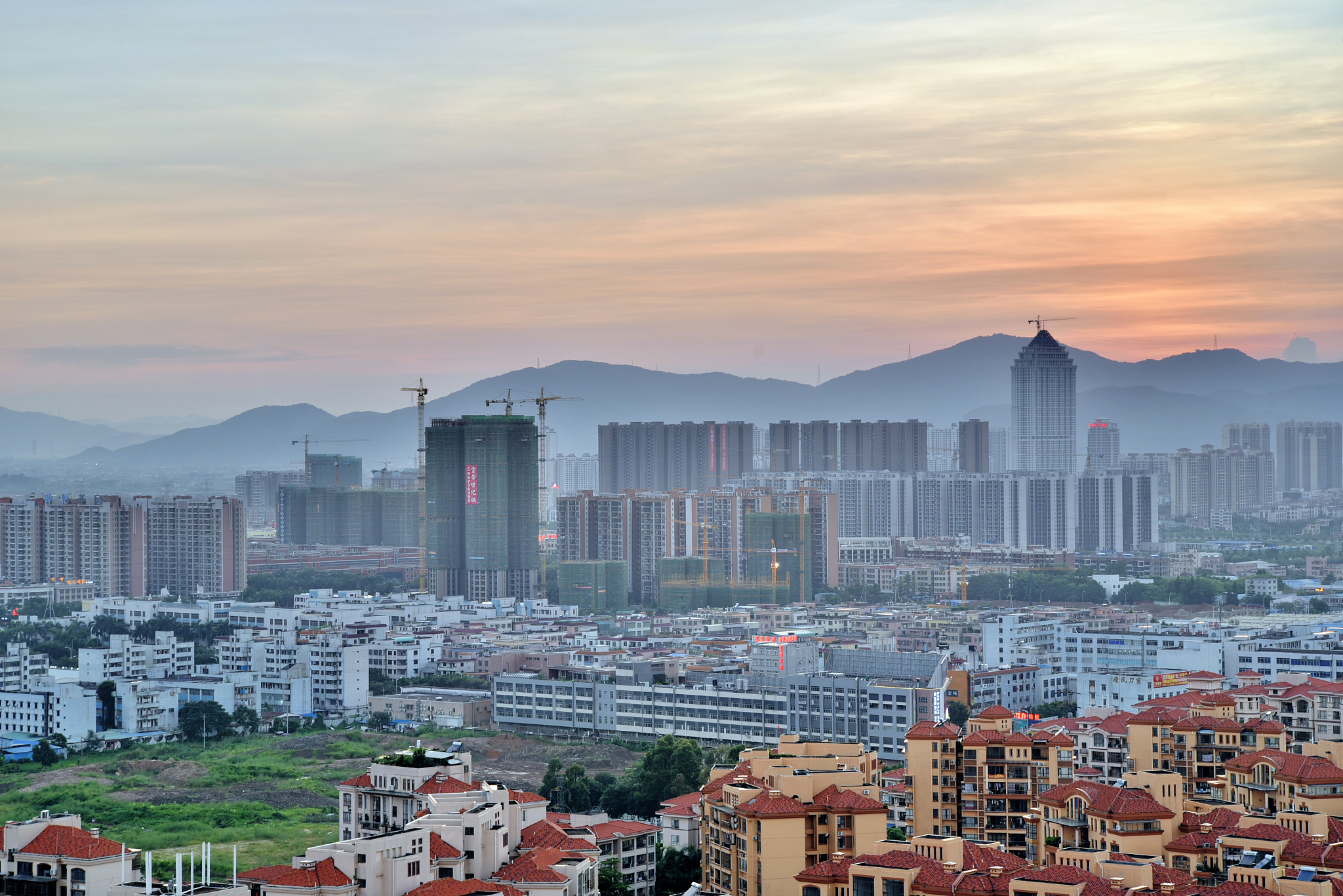 zhongshan tanzhou town skyline in sunset, gd, china