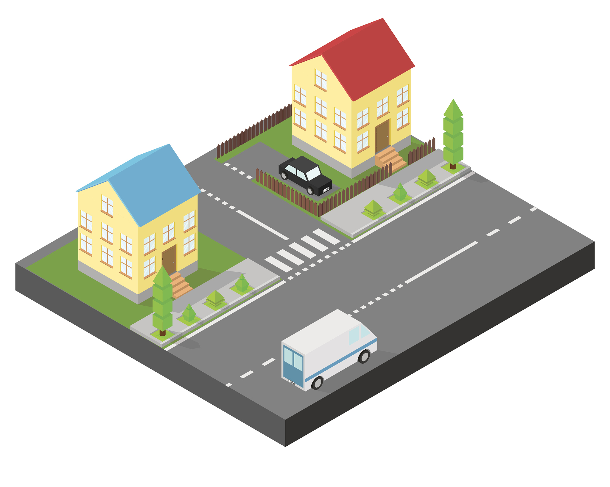 isometric house. two houses on the same street. sidewalk with tr