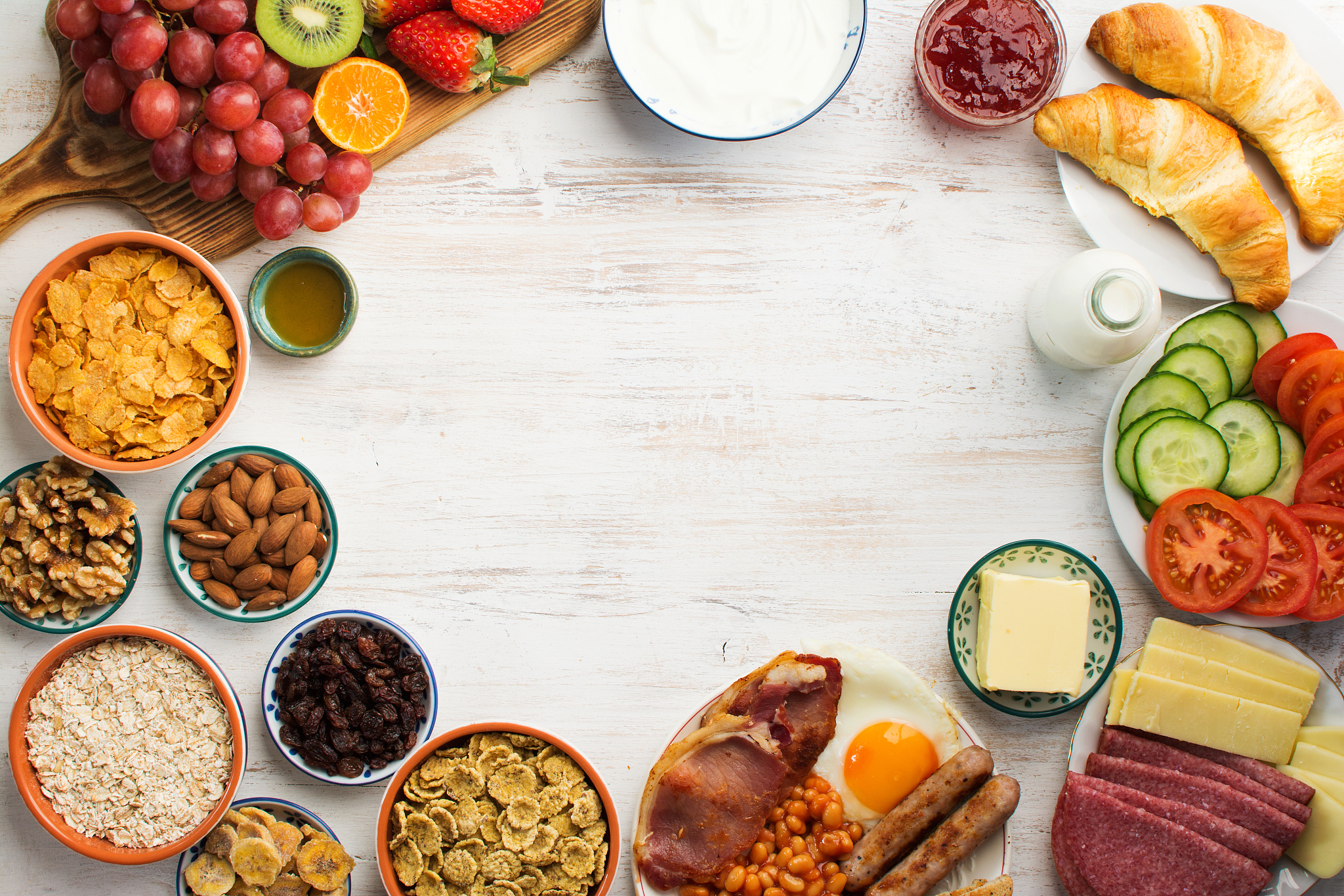 top view of the healthy breakfast, eggs, bacon