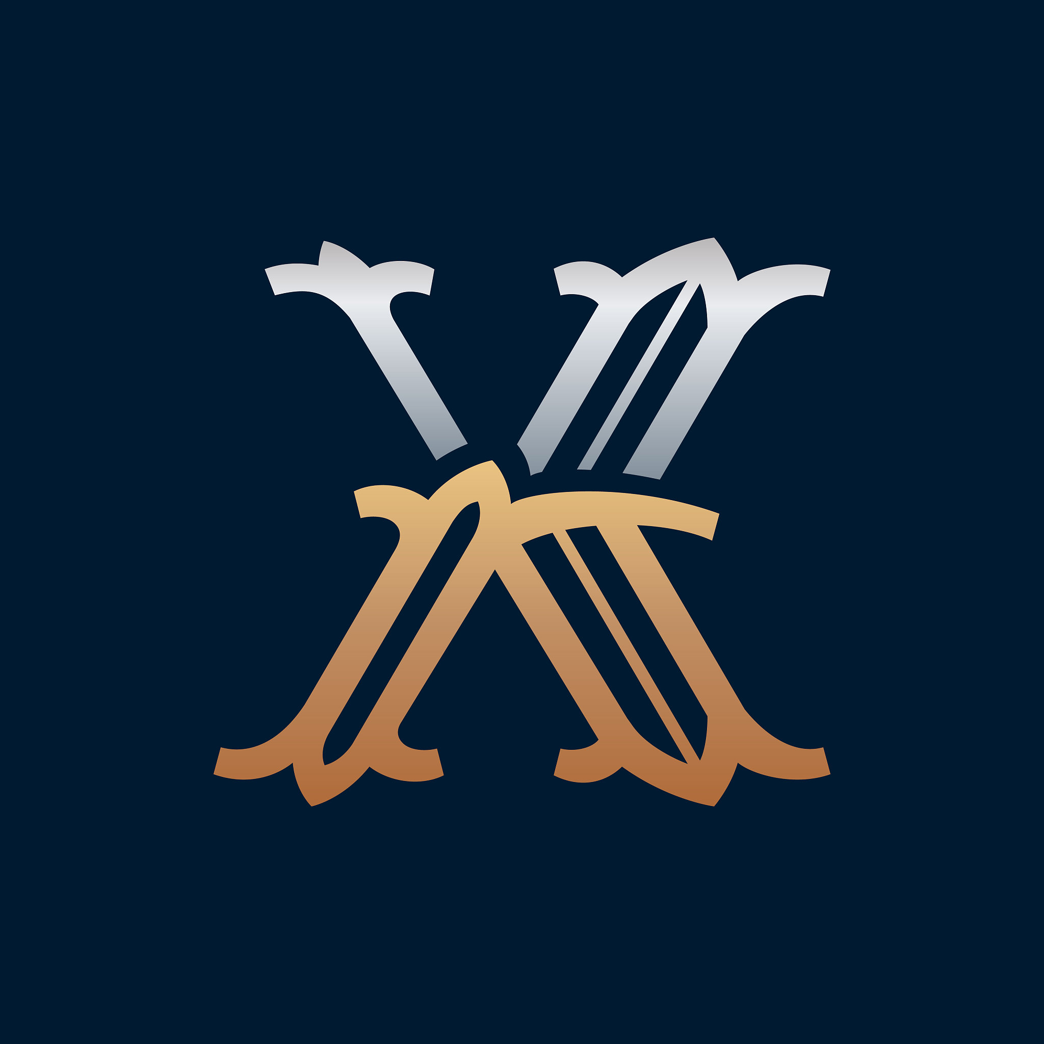 x letter gold and silver logo in slab serif retro style.