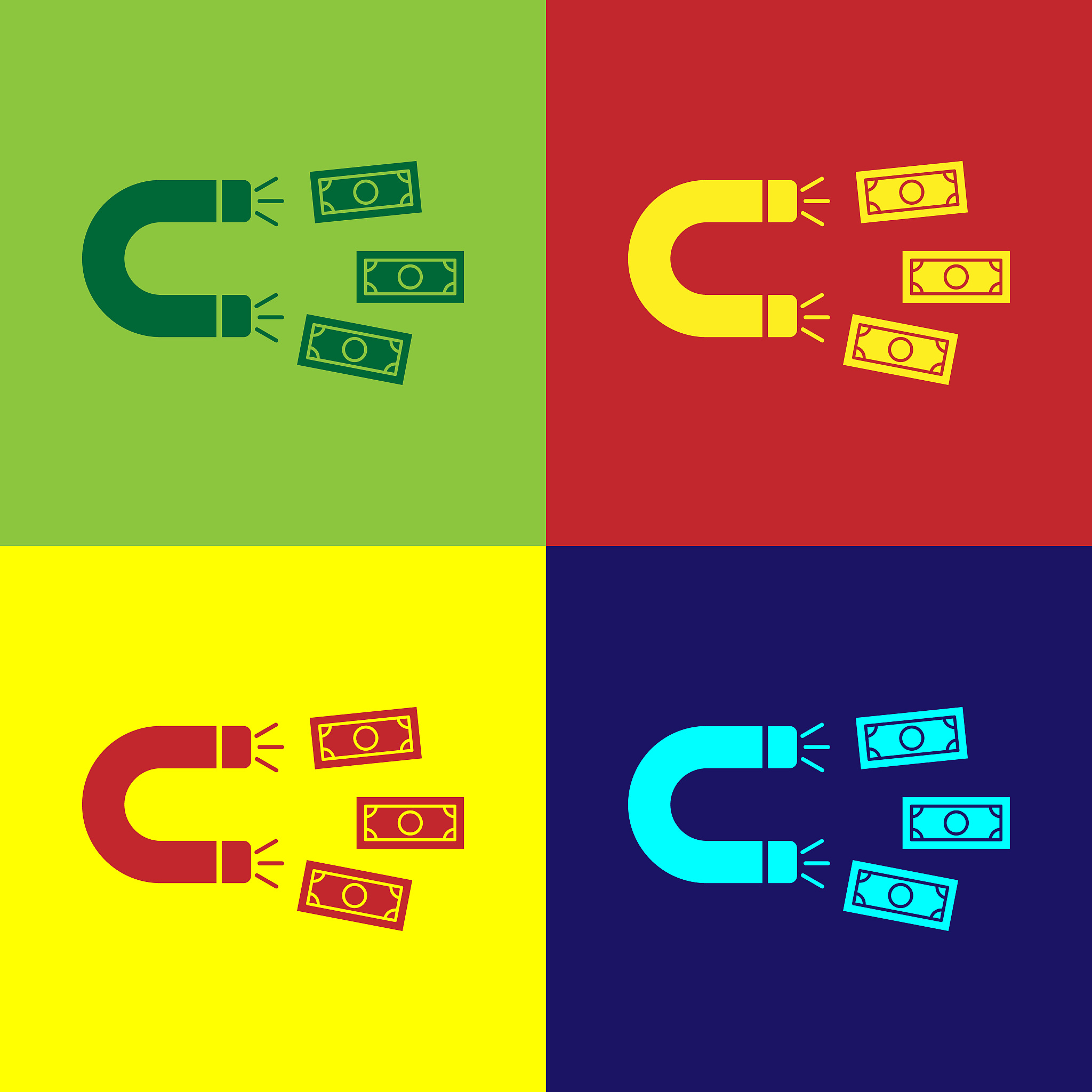 color magnet with money icon isolated on color backgrounds. conc