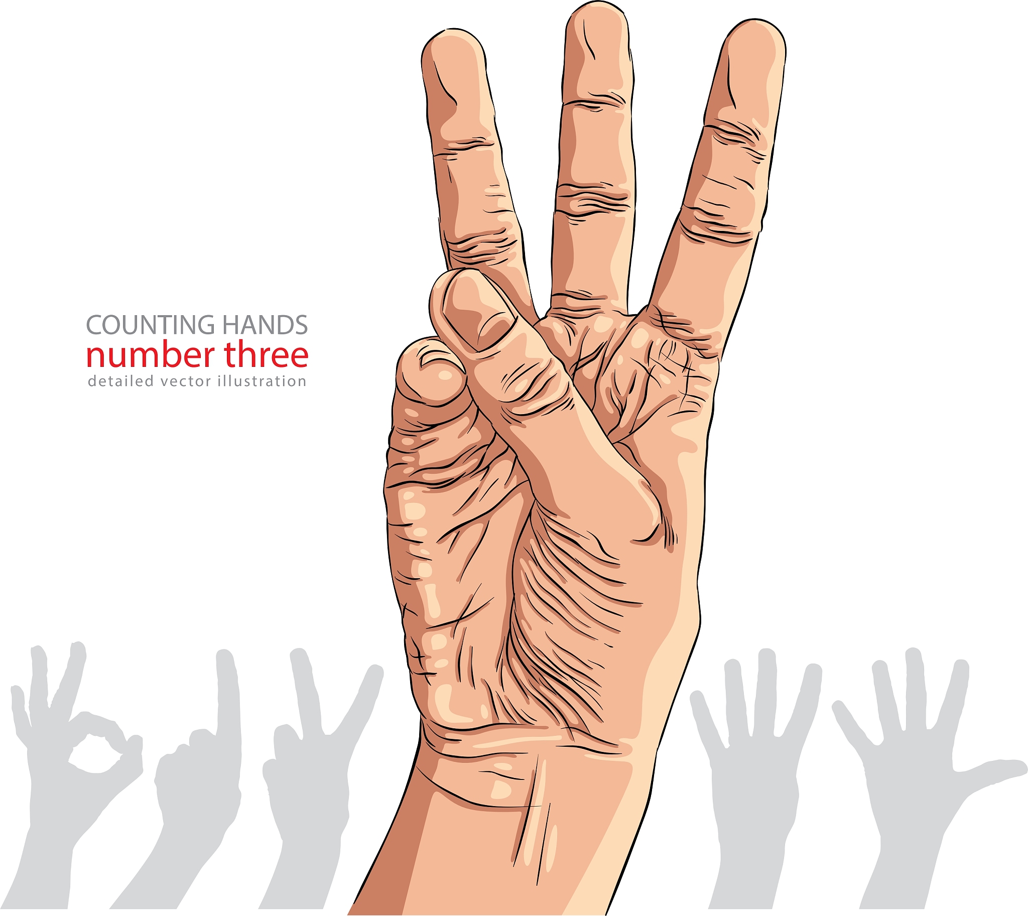 numbers hand signs set number three detailed