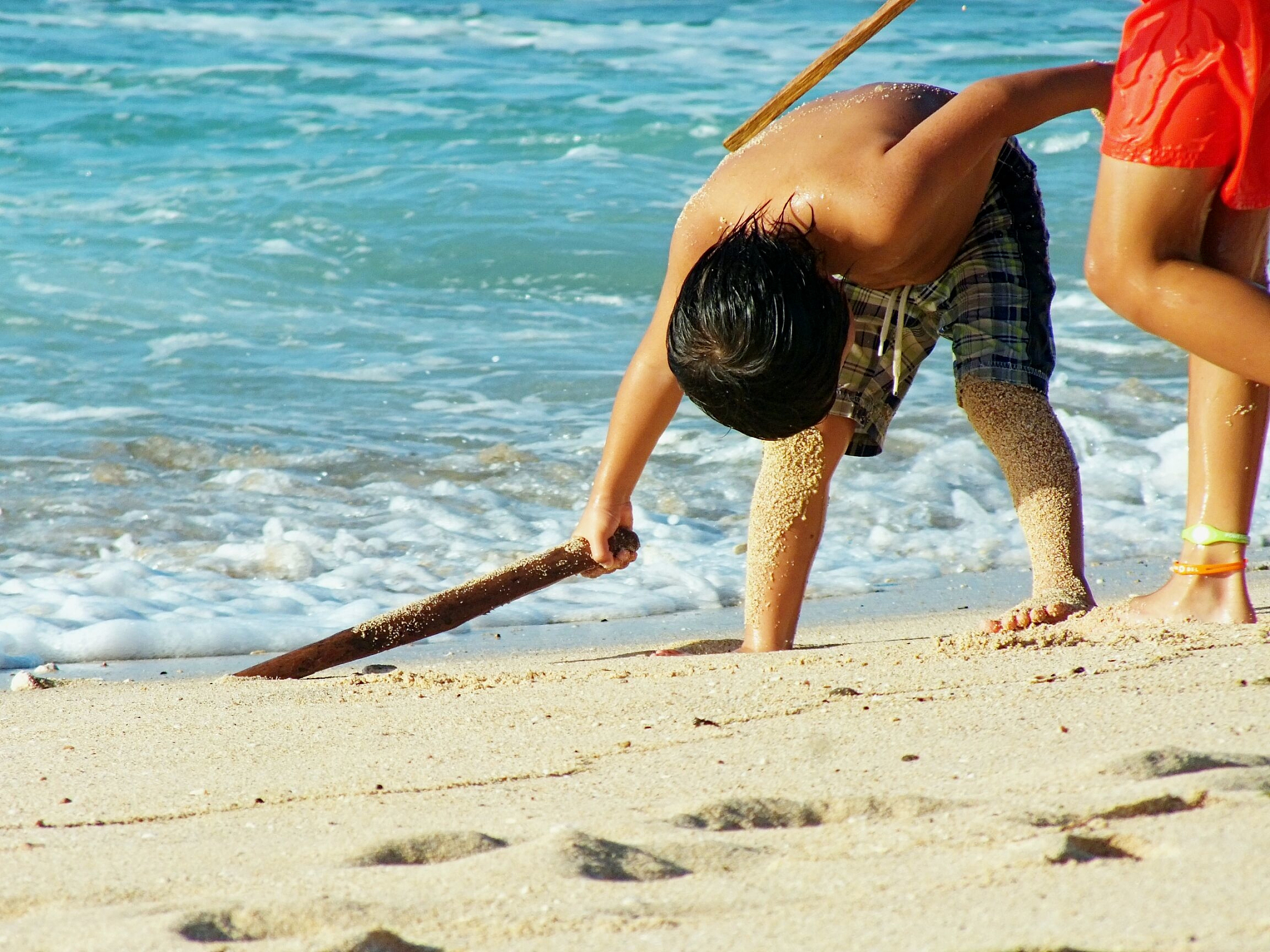 people with sticks on shore at beach