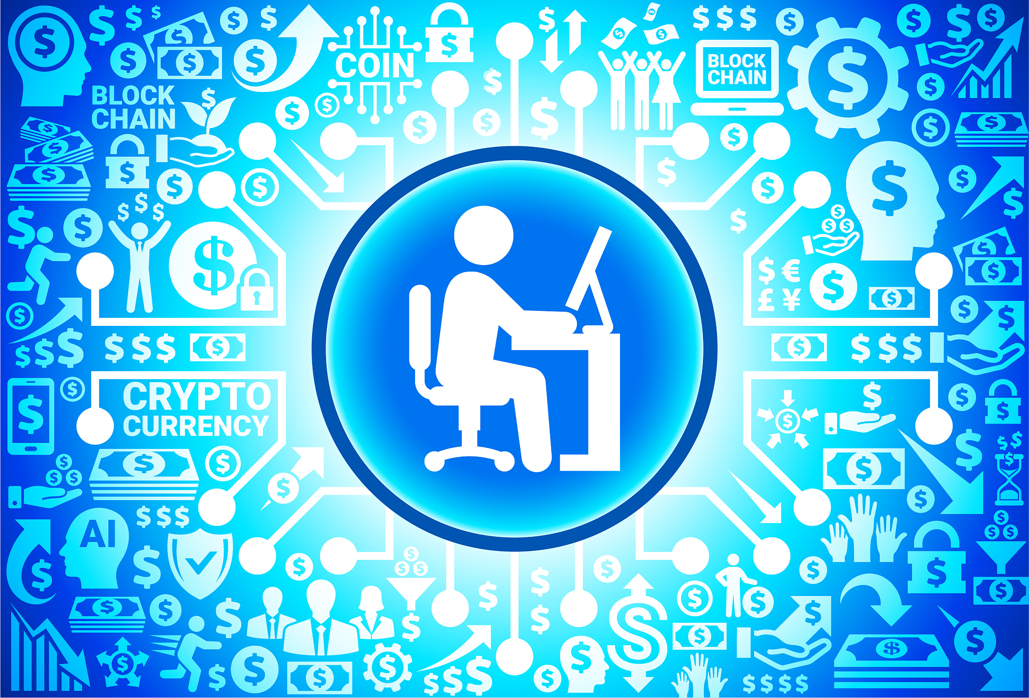businessman working icon on money and cryptocurrency background