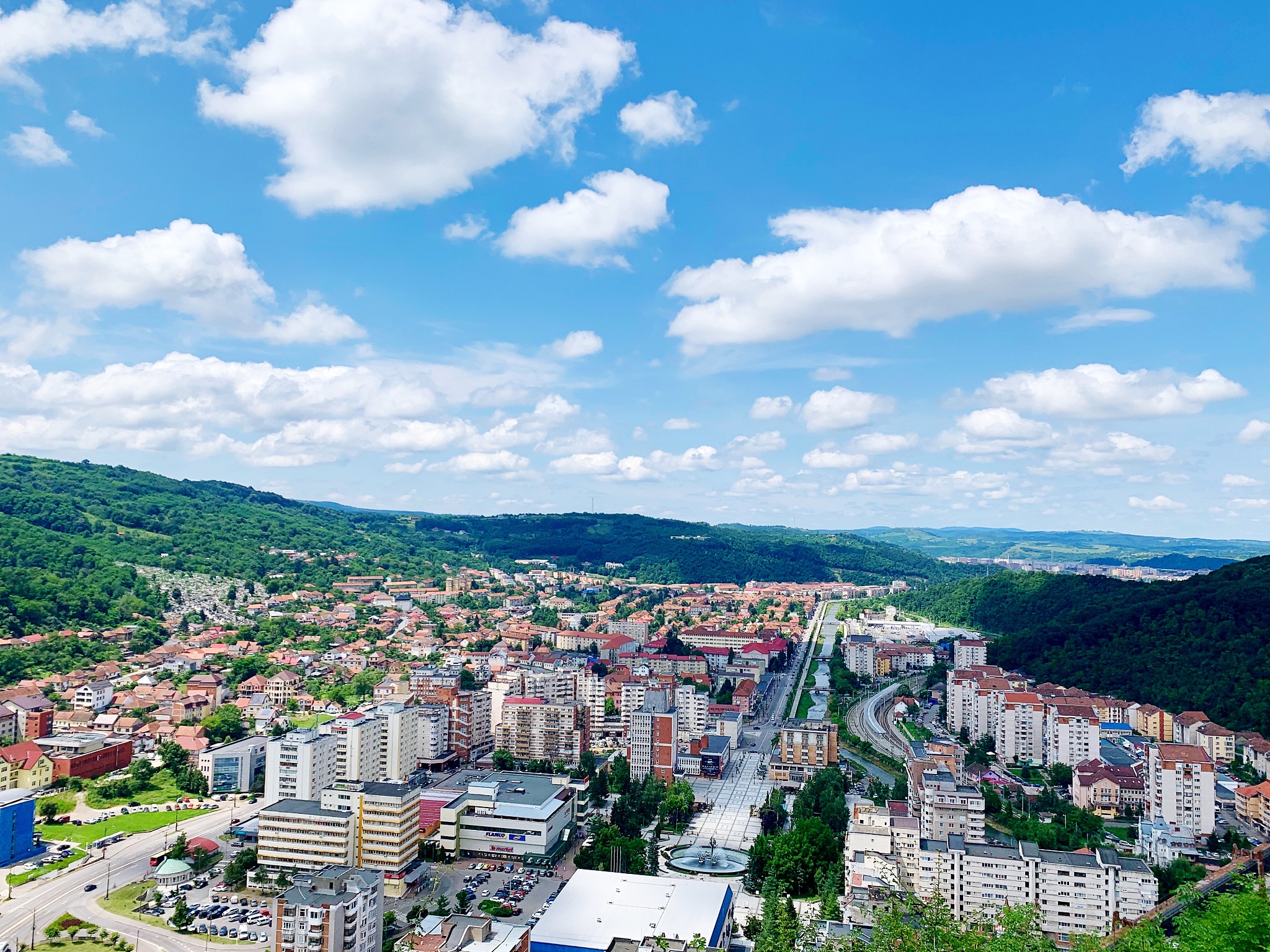 high angle shot of townscape against sky
